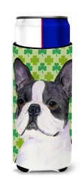 Boston Terrier St. Patrick's Day Shamrock Portrait Slim Can Hugger , Insulated Foam Hugger for 12 oz Slim Cans, Beer Bottles & Water Bottles, Printed in USA