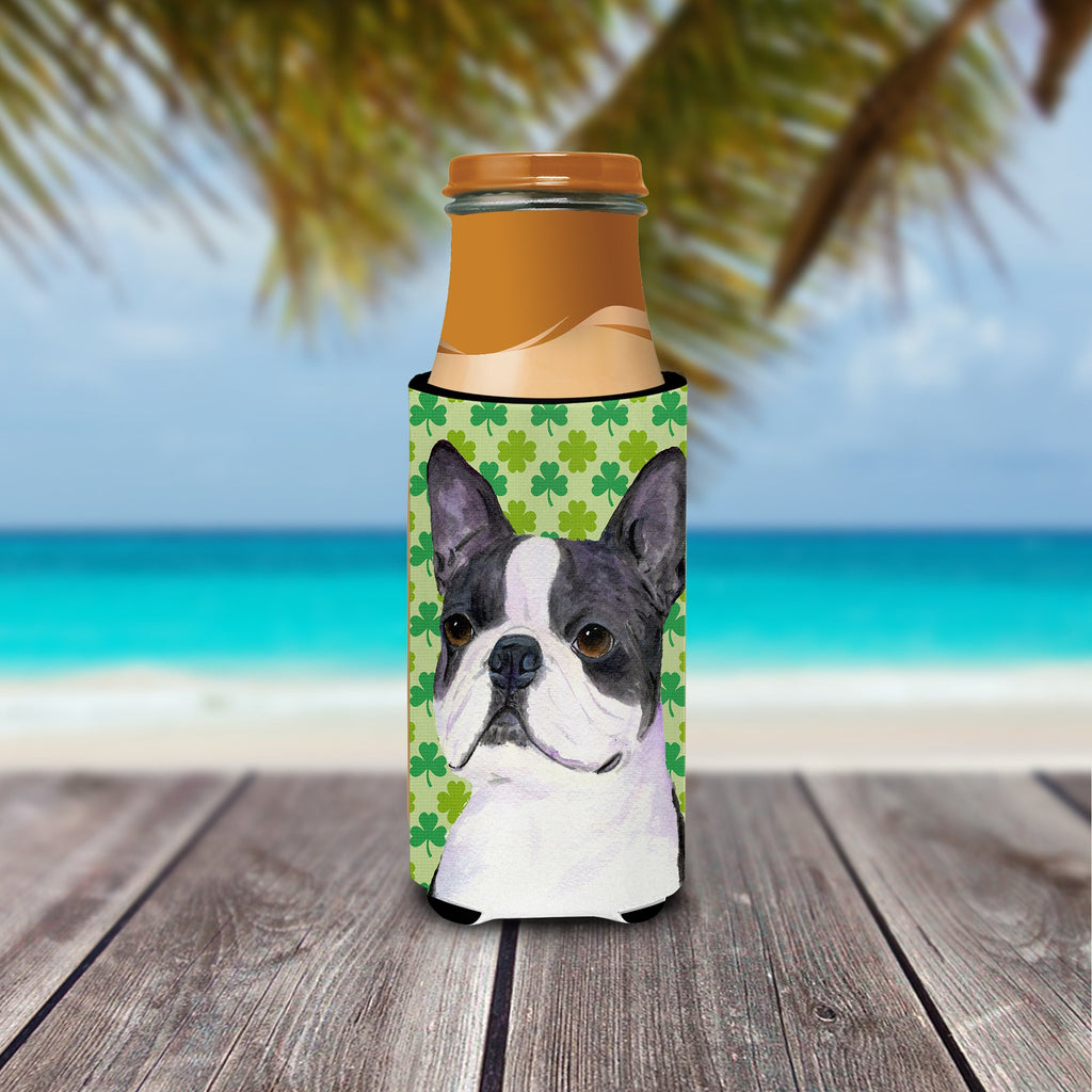 Boston Terrier St. Patrick's Day Shamrock Portrait Slim Can Hugger , Insulated Foam Hugger for 12 oz Slim Cans, Beer Bottles & Water Bottles, Printed in USA