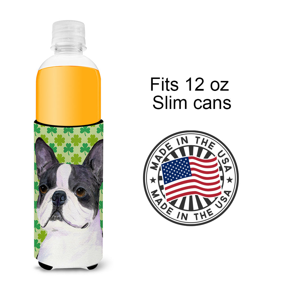 Boston Terrier St. Patrick's Day Shamrock Portrait Slim Can Hugger , Insulated Foam Hugger for 12 oz Slim Cans, Beer Bottles & Water Bottles, Printed in USA