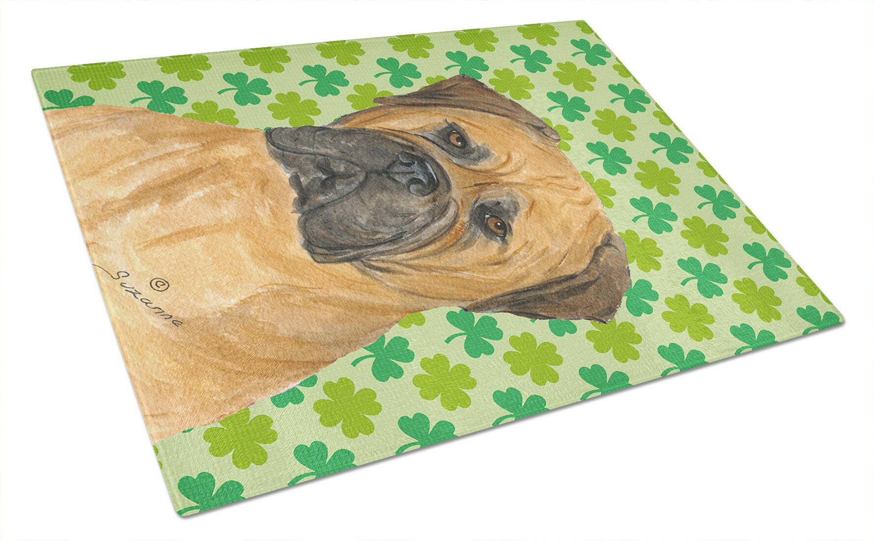 Bullmastiff St. Patrick's Day Shamrock Portrait Cutting Board Tempered Glass Kitchen Cutting Surface, Heat Resistant Chopping, Non-Slip Feet, Food Prep & Serving