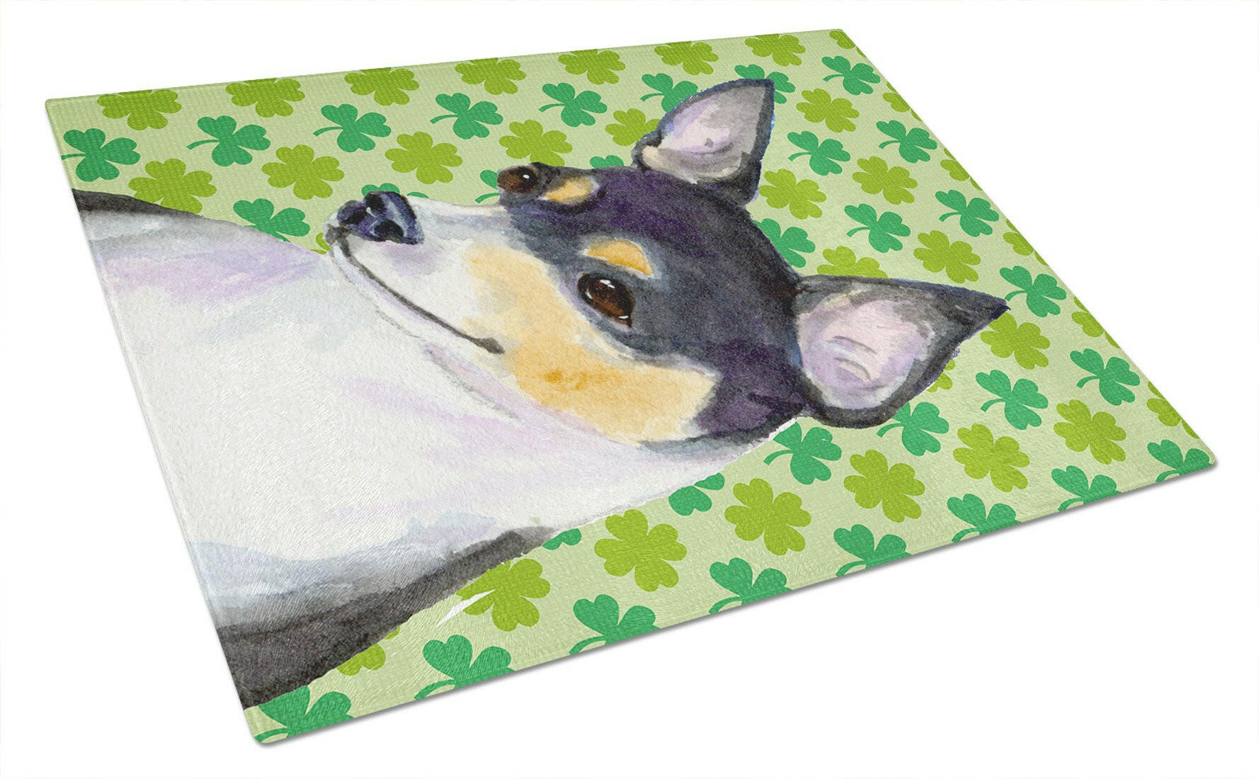 Chihuahua St. Patrick's Day Shamrock Portrait Cutting Board Tempered Glass Kitchen Cutting Surface, Heat Resistant Chopping, Non-Slip Feet, Food Prep & Serving