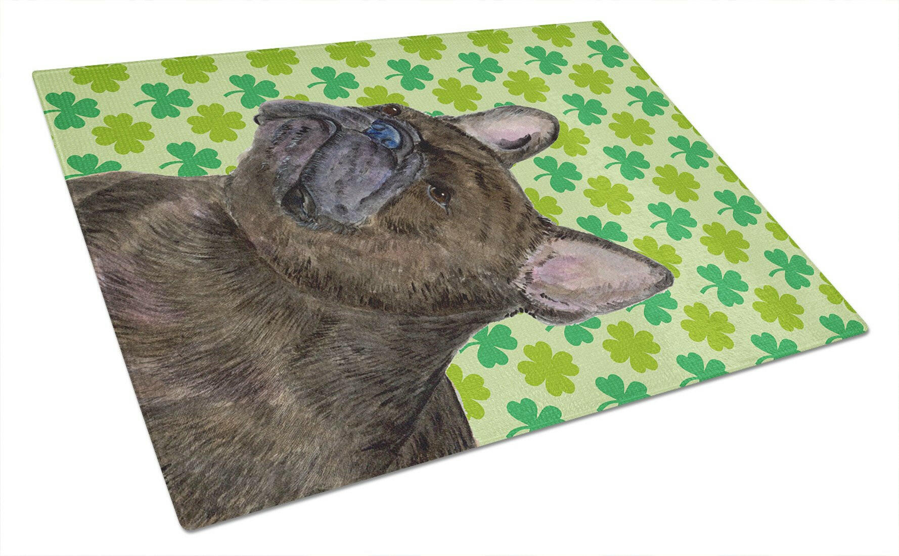 French Bulldog St. Patrick's Day Shamrock Portrait Cutting Board Tempered Glass Kitchen Cutting Surface, Heat Resistant Chopping, Non-Slip Feet, Food Prep & Serving
