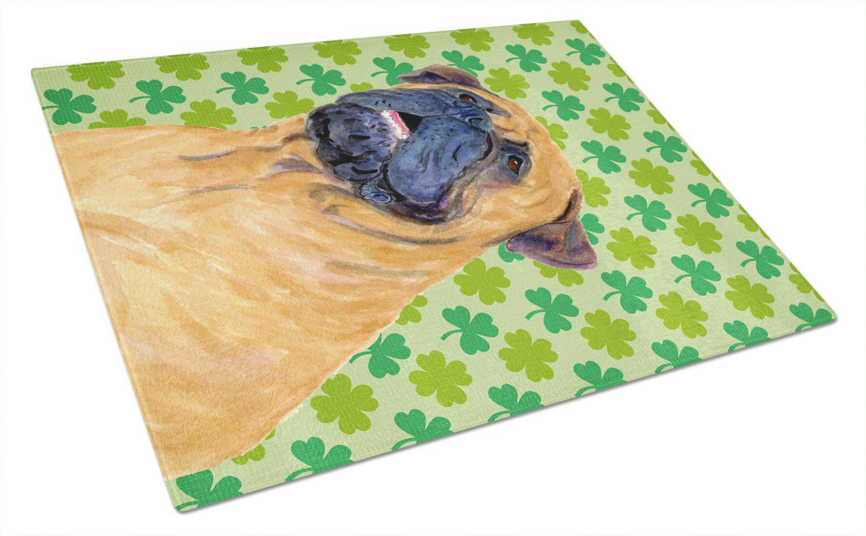Mastiff St. Patrick's Day Shamrock Portrait Cutting Board Tempered Glass Kitchen Cutting Surface, Heat Resistant Chopping, Non-Slip Feet, Food Prep & Serving