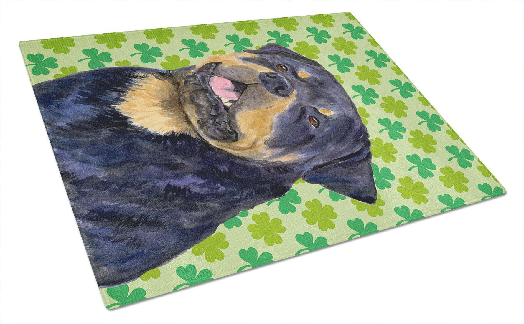 Rottweiler St. Patrick's Day Shamrock Portrait Cutting Board Tempered Glass Kitchen Cutting Surface, Heat Resistant Chopping, Non-Slip Feet, Food Prep & Serving