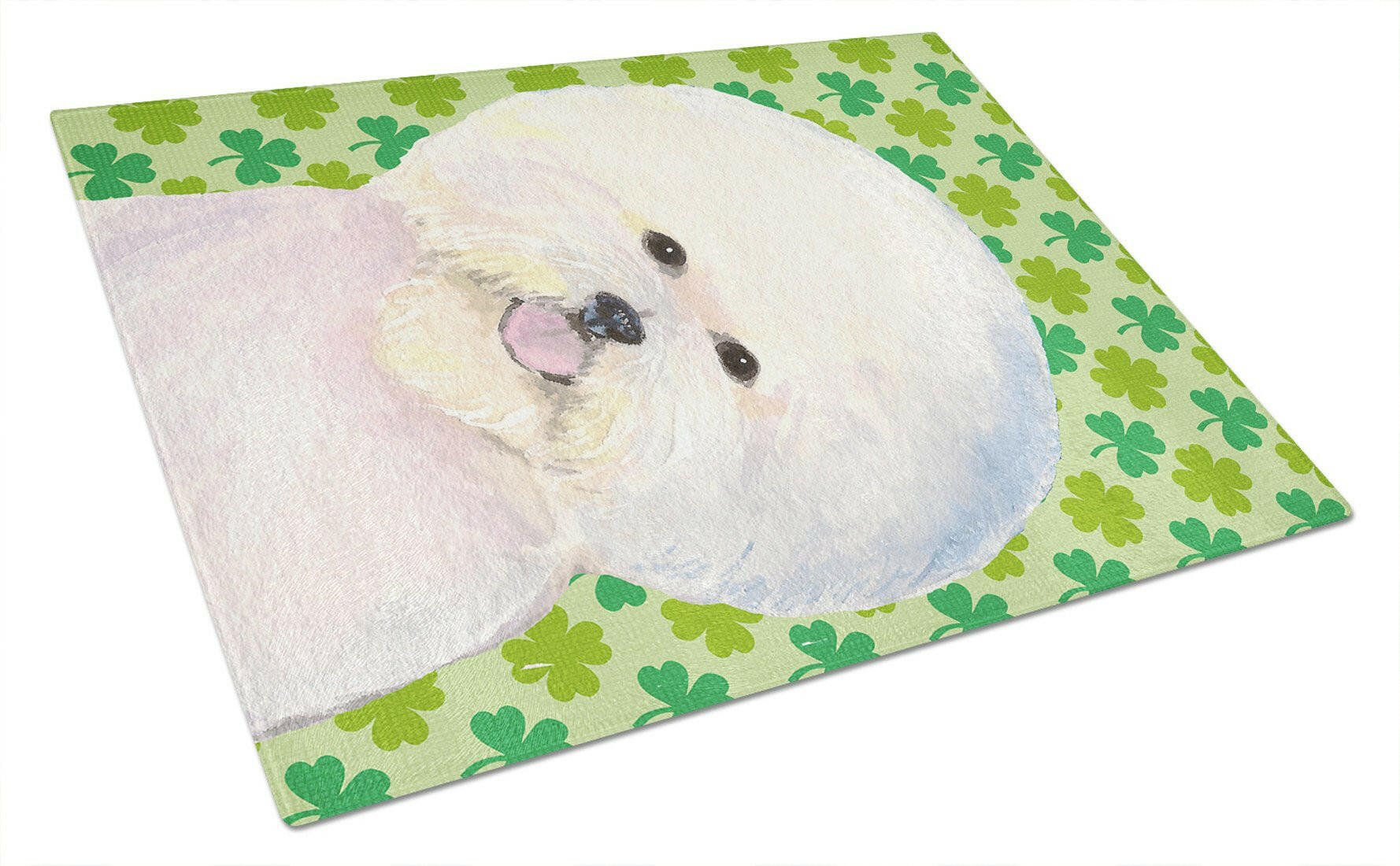 Bichon Frise St. Patrick's Day Shamrock Portrait Cutting Board Tempered Glass Kitchen Cutting Surface, Heat Resistant Chopping, Non-Slip Feet, Food Prep & Serving