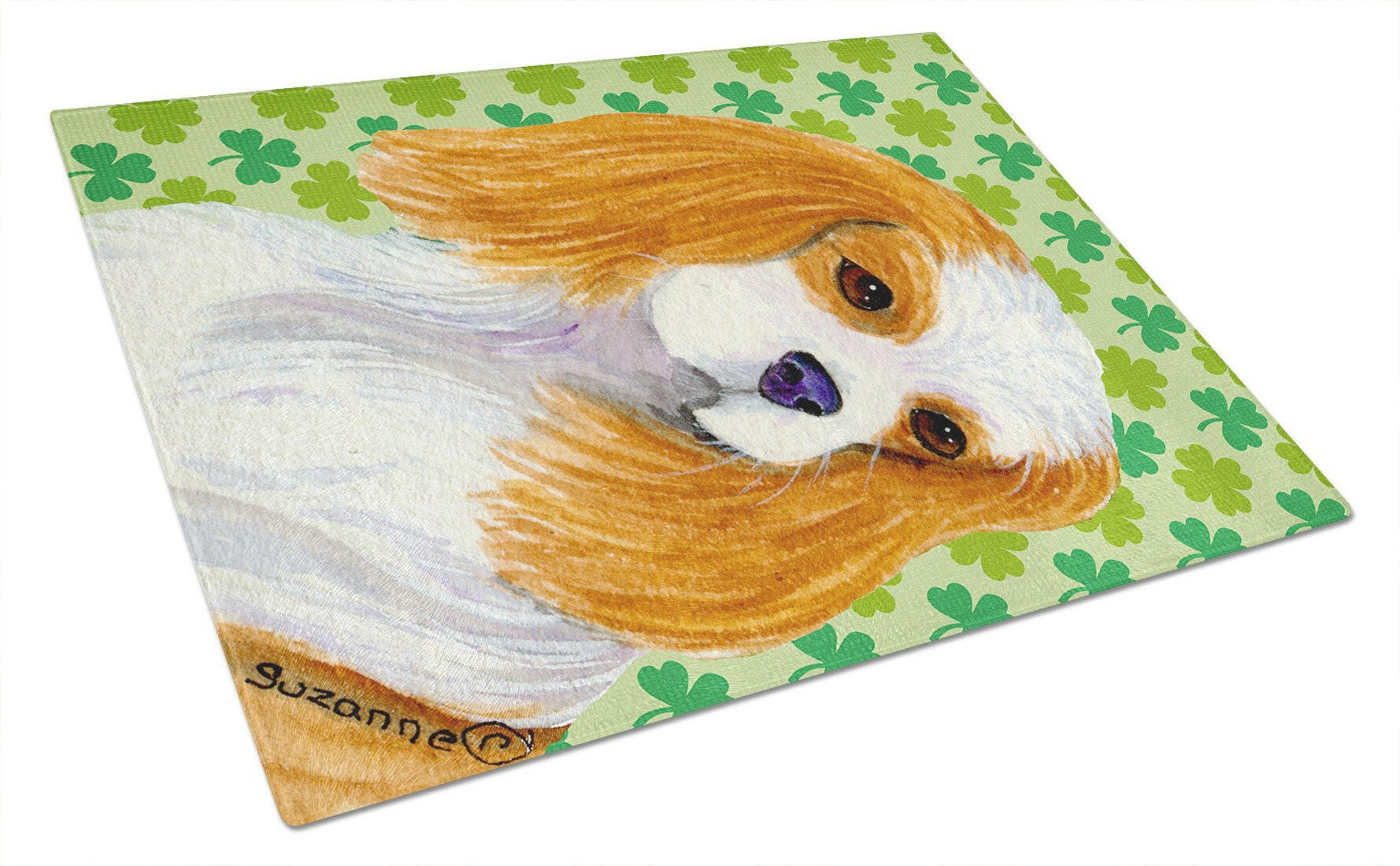 Cavalier Spaniel St. Patrick's Day Shamrock Portrait Cutting Board Tempered Glass Kitchen Cutting Surface, Heat Resistant Chopping, Non-Slip Feet, Food Prep & Serving