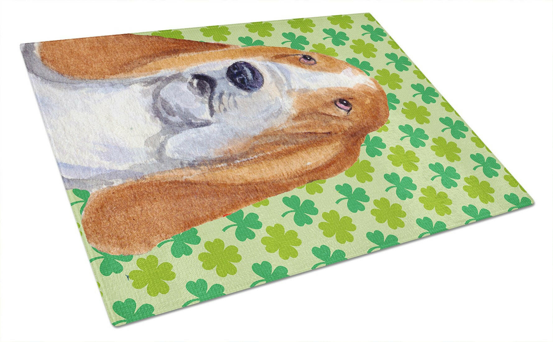 Basset Hound St. Patrick's Day Shamrock Portrait Cutting Board Tempered Glass Kitchen Cutting Surface, Heat Resistant Chopping, Non-Slip Feet, Food Prep & Serving