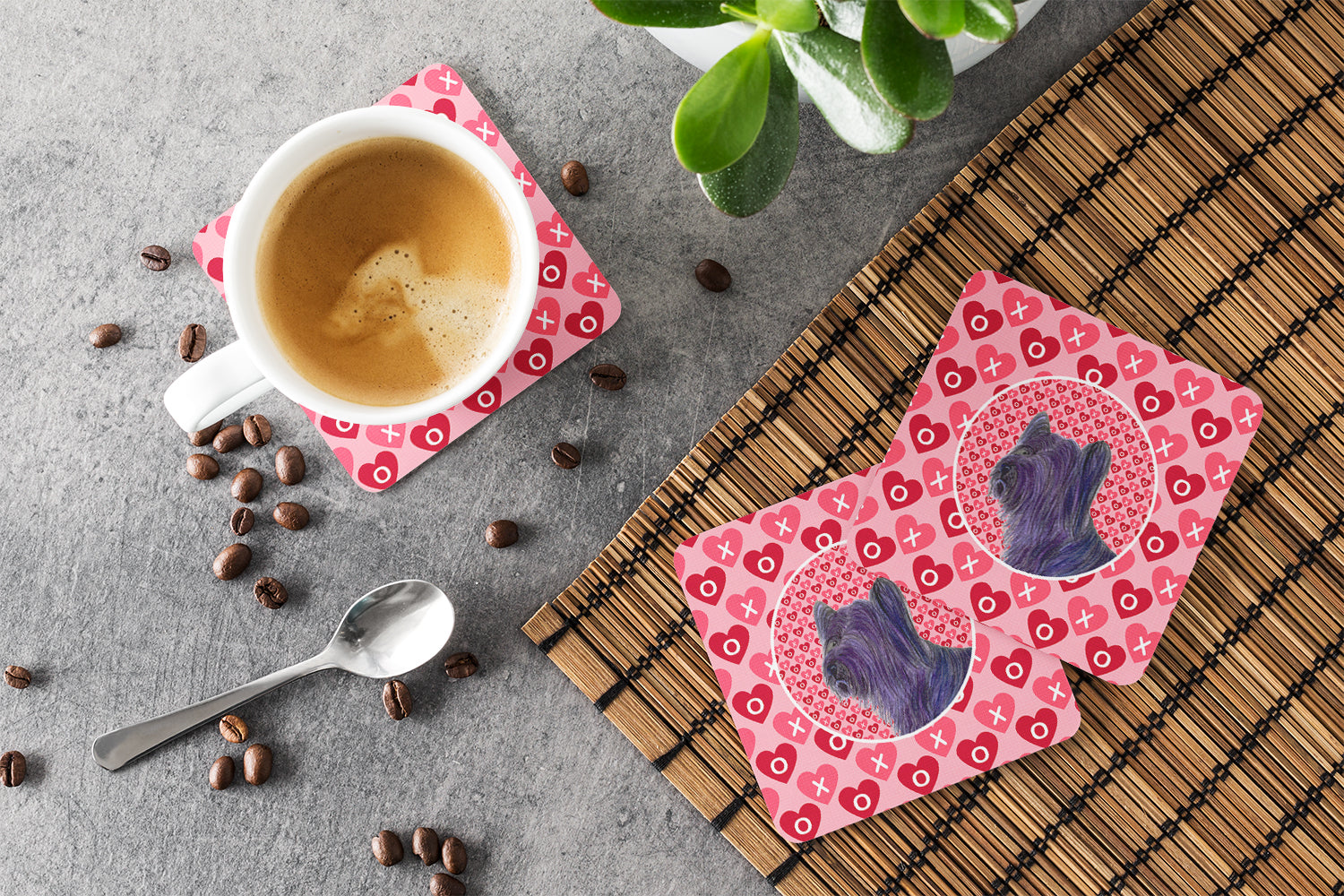 Skye Terrier Hearts Love and Valentine's Day Portrait Foam Coasters Set of 4 Cup Coasters for Indoor Outdoor, Tabletop Protection, Anti Slip, Mouse pad Material