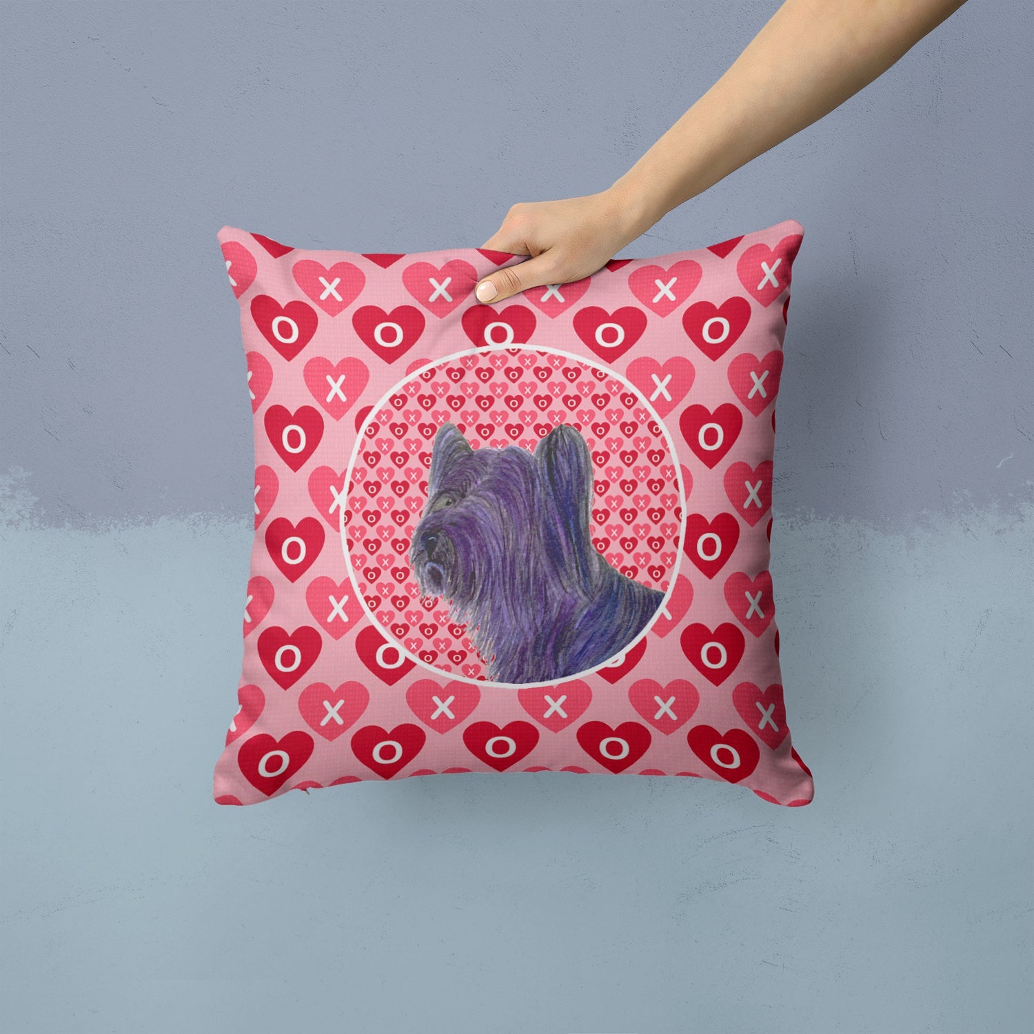 Skye Terrier Hearts Love and Valentine's Day Portrait Decorative Throw Pillow 14x14 Indoor Outdoor Accent Cushion, Fabric Cover with Insert for Sofa, Bed, Porch & Living Room