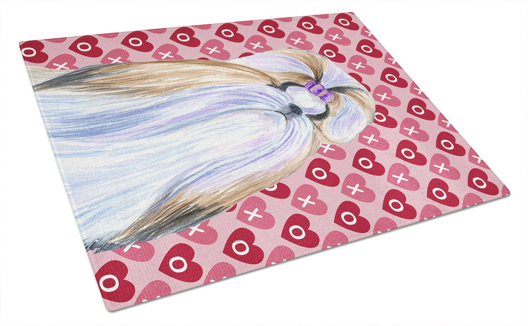 Shih Tzu Hearts Love and Valentine's Day Portrait Cutting Board Tempered Glass Kitchen Cutting Surface, Heat Resistant Chopping, Non-Slip Feet, Food Prep & Serving