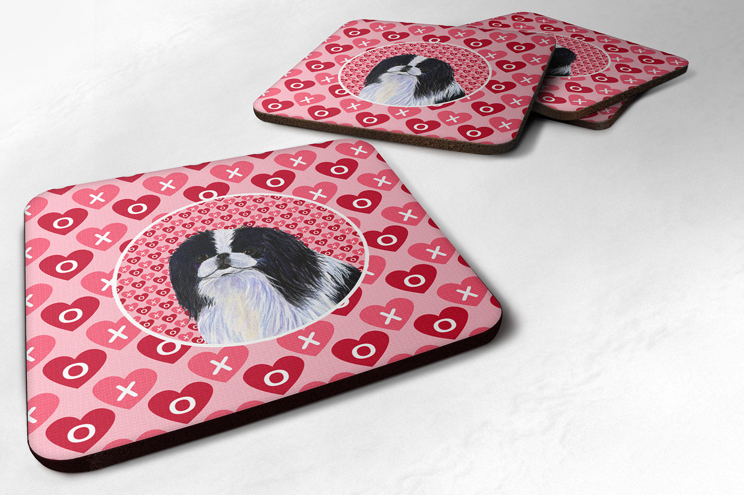 Japanese Chin Hearts Love and Valentine's Day Portrait Foam Coasters Set of 4 Cup Coasters for Indoor Outdoor, Tabletop Protection, Anti Slip, Mouse pad Material