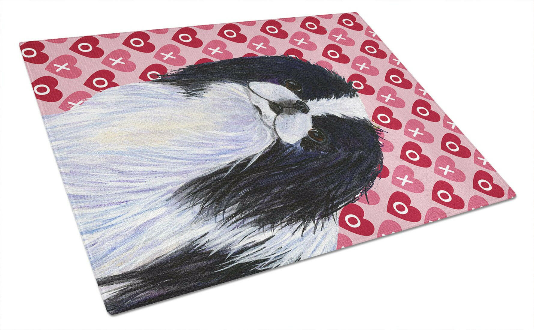 Japanese Chin Hearts Love and Valentine's Day Portrait Cutting Board Tempered Glass Kitchen Cutting Surface, Heat Resistant Chopping, Non-Slip Feet, Food Prep & Serving
