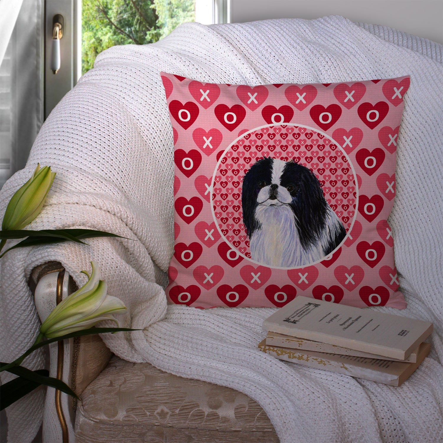 Japanese Chin Hearts Love and Valentine's Day Portrait Decorative Throw Pillow 14x14 Indoor Outdoor Accent Cushion, Fabric Cover with Insert for Sofa, Bed, Porch & Living Room