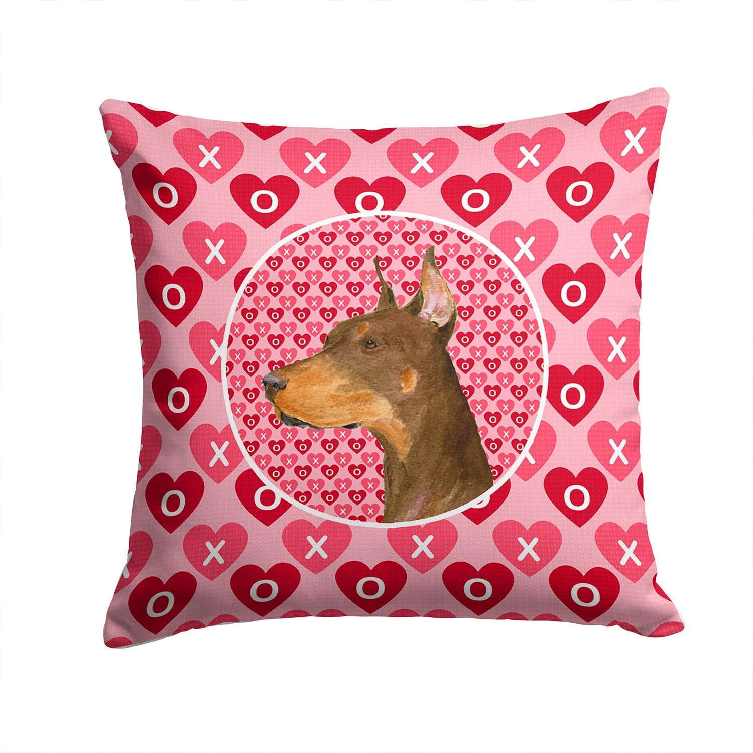 Doberman Hearts Love and Valentine's Day Portrait Decorative Throw Pillow 14x14 Indoor Outdoor Accent Cushion, Fabric Cover with Insert for Sofa, Bed, Porch & Living Room