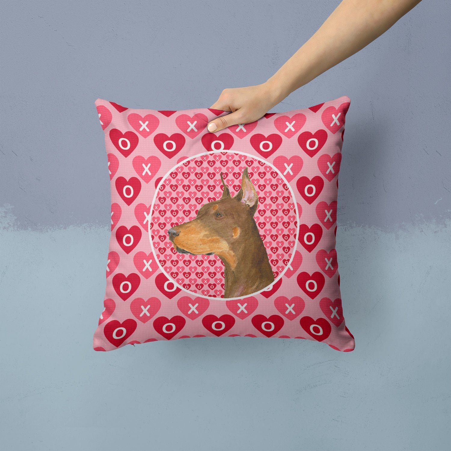 Doberman Hearts Love and Valentine's Day Portrait Decorative Throw Pillow 14x14 Indoor Outdoor Accent Cushion, Fabric Cover with Insert for Sofa, Bed, Porch & Living Room