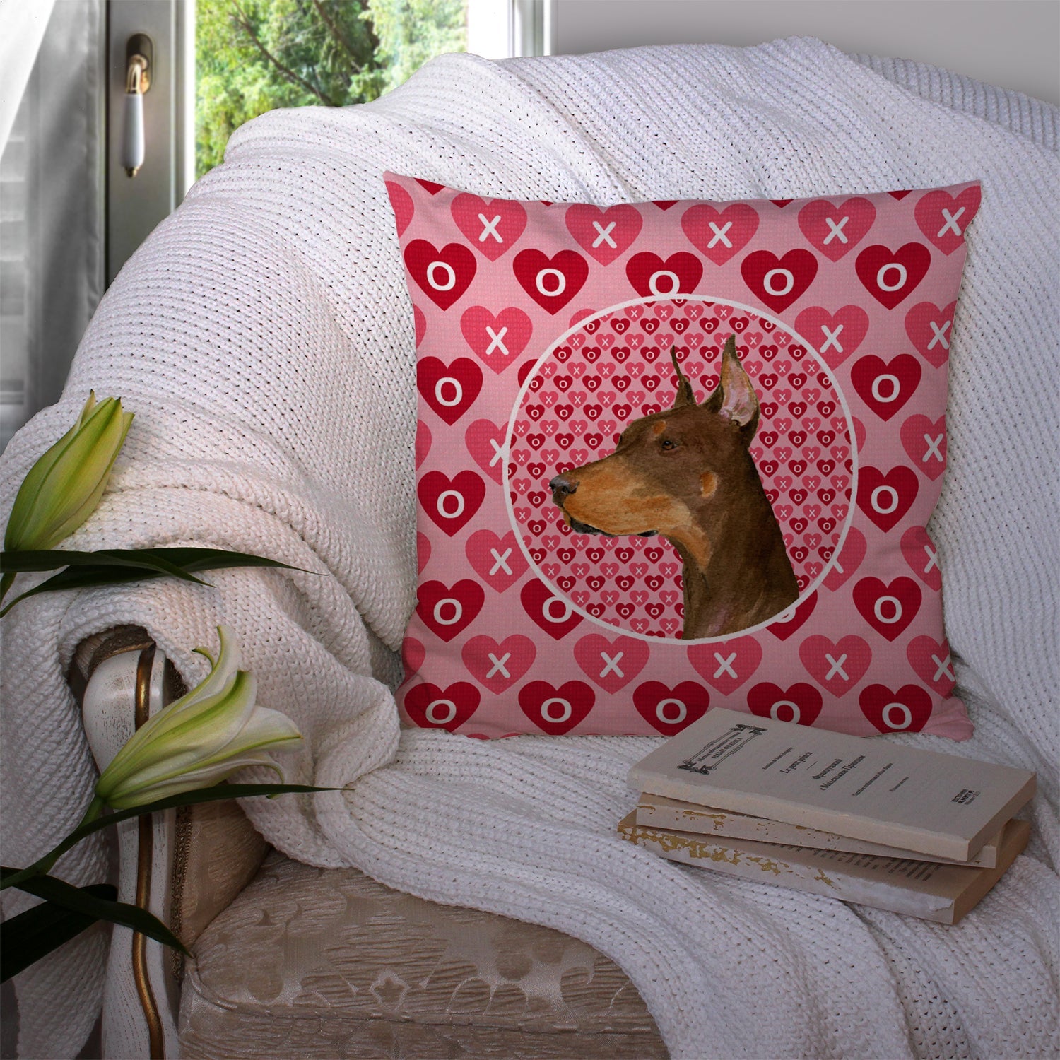 Doberman Hearts Love and Valentine's Day Portrait Decorative Throw Pillow 14x14 Indoor Outdoor Accent Cushion, Fabric Cover with Insert for Sofa, Bed, Porch & Living Room