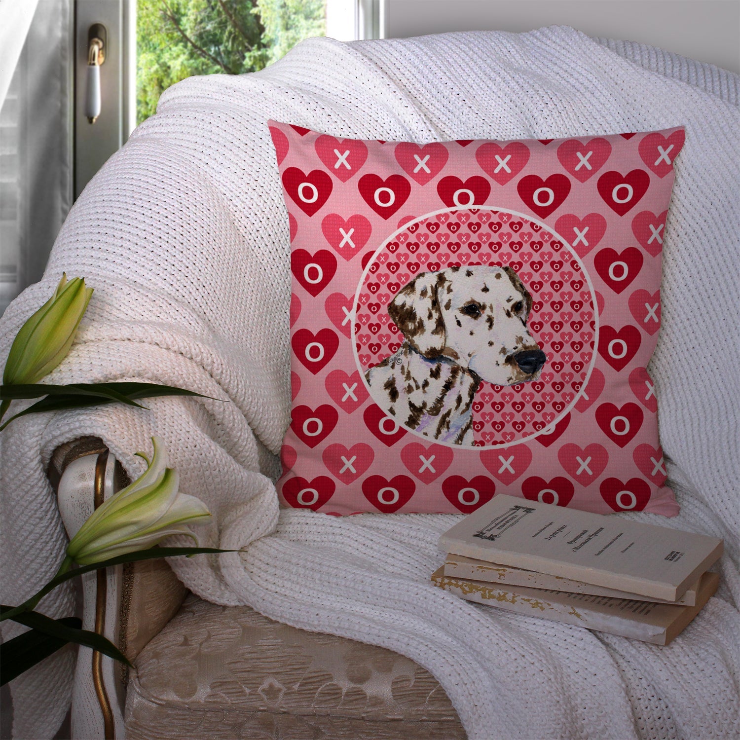 Dalmatian Hearts Love and Valentine's Day Portrait Decorative Throw Pillow 14x14 Indoor Outdoor Accent Cushion, Fabric Cover with Insert for Sofa, Bed, Porch & Living Room