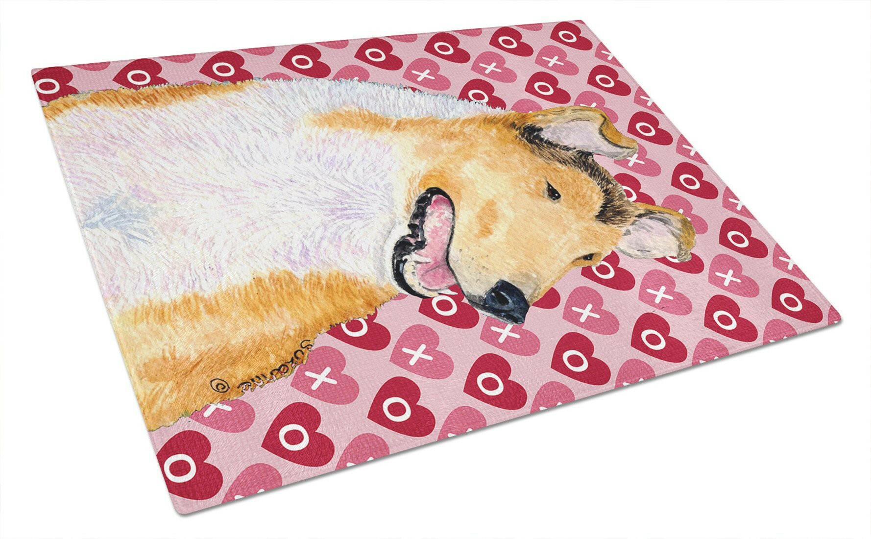 Collie Smooth Hearts Love and Valentine's Day Portrait Cutting Board Tempered Glass Kitchen Cutting Surface, Heat Resistant Chopping, Non-Slip Feet, Food Prep & Serving