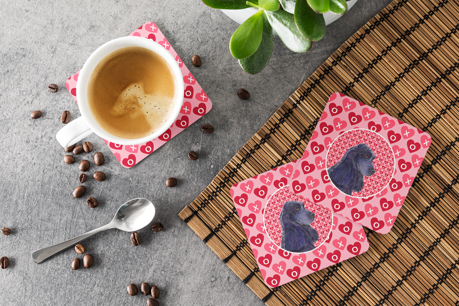 Black Cocker Spaniel Hearts Love Valentine's Day Foam Coasters Set of 4 Cup Coasters for Indoor Outdoor, Tabletop Protection, Anti Slip, Mouse pad Material