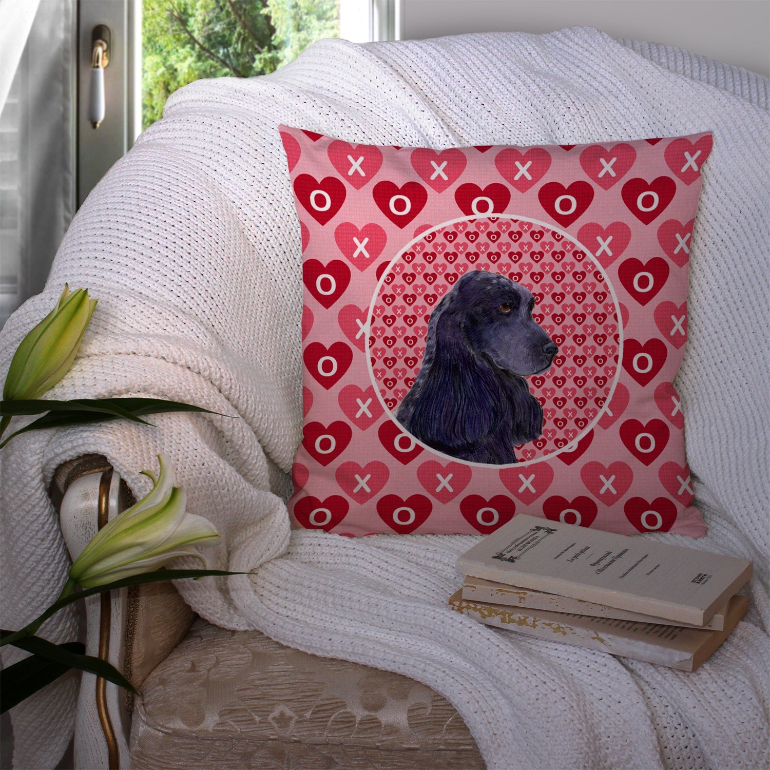 Black Cocker Spaniel Hearts Love Valentine's Day Decorative Throw Pillow 14x14 Indoor Outdoor Accent Cushion, Fabric Cover with Insert for Sofa, Bed, Porch & Living Room