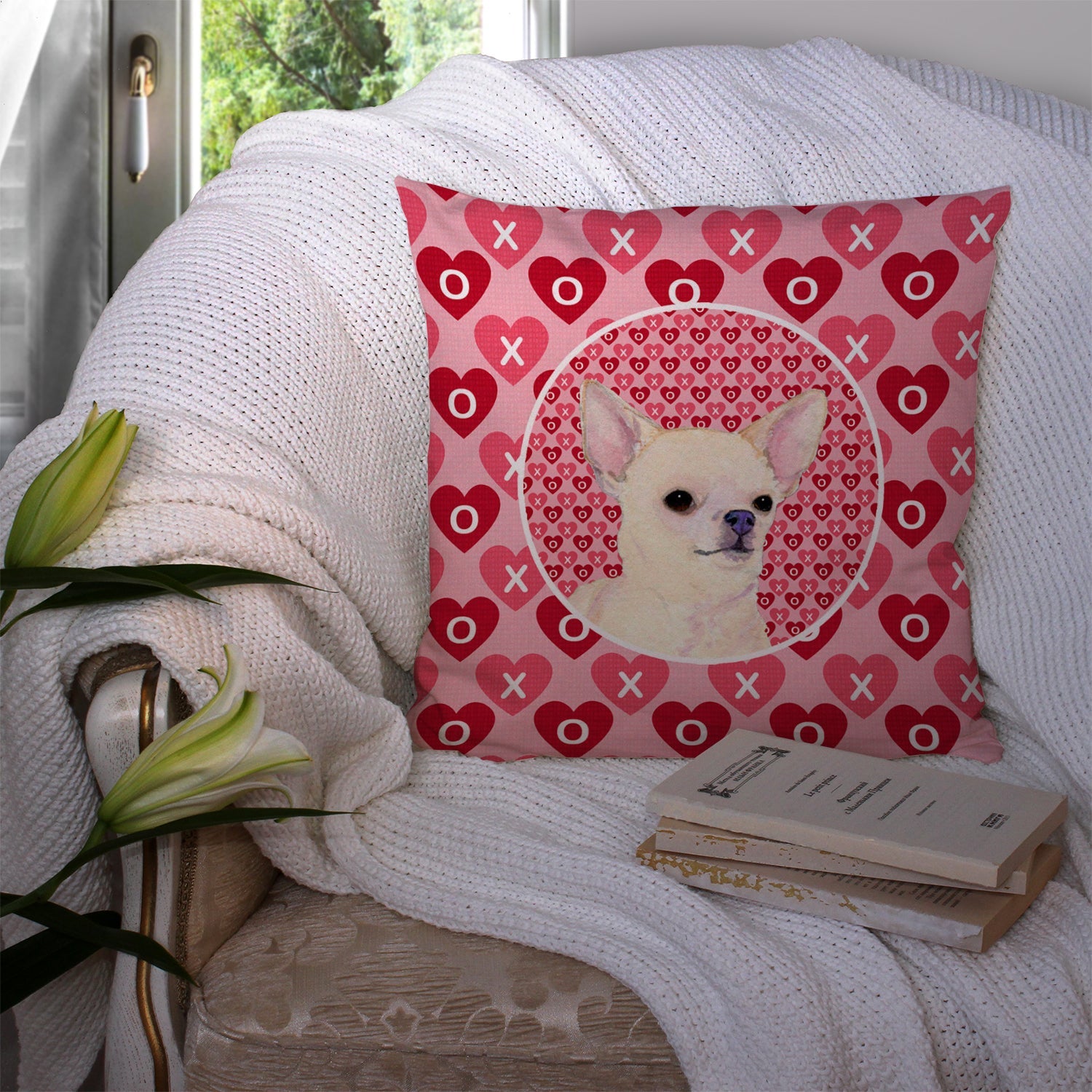 Chihuahua Hearts Love and Valentine's Day Portrait Decorative Throw Pillow 14x14 Indoor Outdoor Accent Cushion, Fabric Cover with Insert for Sofa, Bed, Porch & Living Room