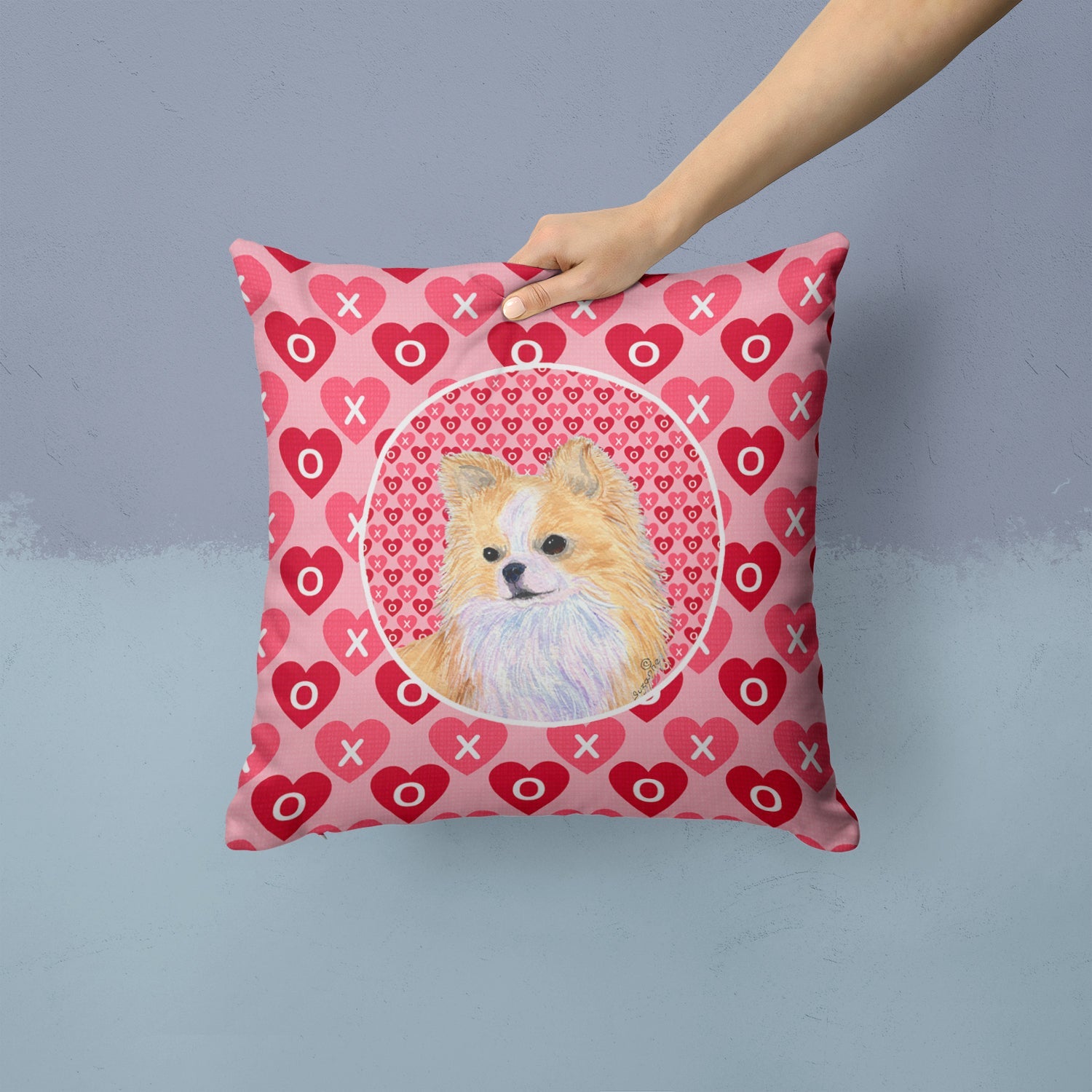 Chihuahua Hearts Love and Valentine's Day Portrait Decorative Throw Pillow 14x14 Indoor Outdoor Accent Cushion, Fabric Cover with Insert for Sofa, Bed, Porch & Living Room