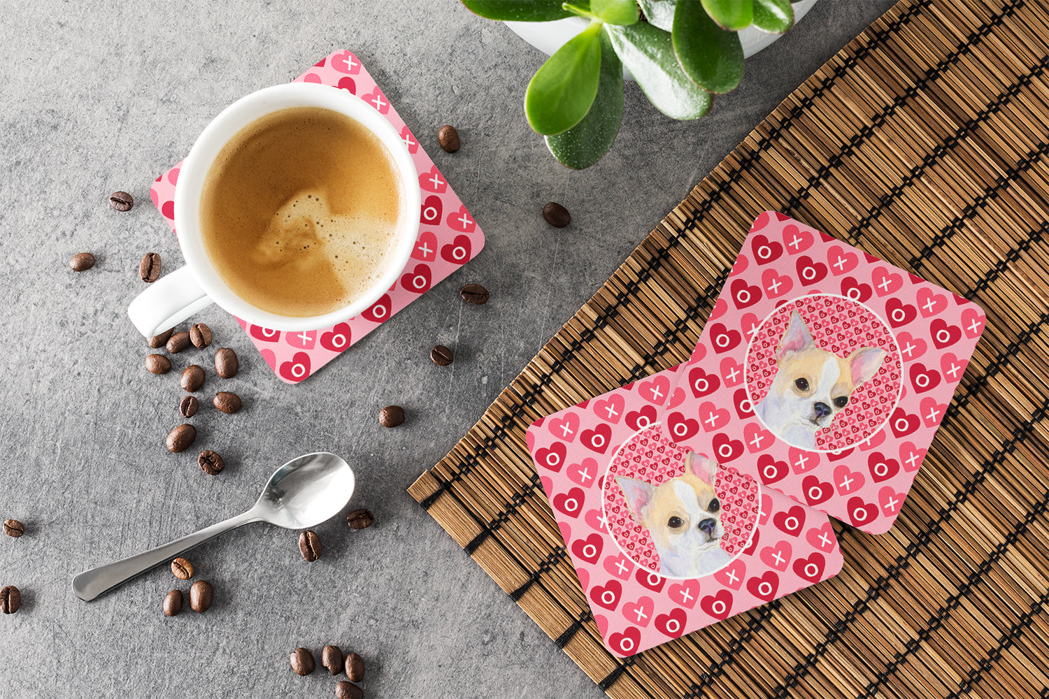 Chihuahua Hearts Love and Valentine's Day Portrait Foam Coasters Set of 4 Cup Coasters for Indoor Outdoor, Tabletop Protection, Anti Slip, Mouse pad Material