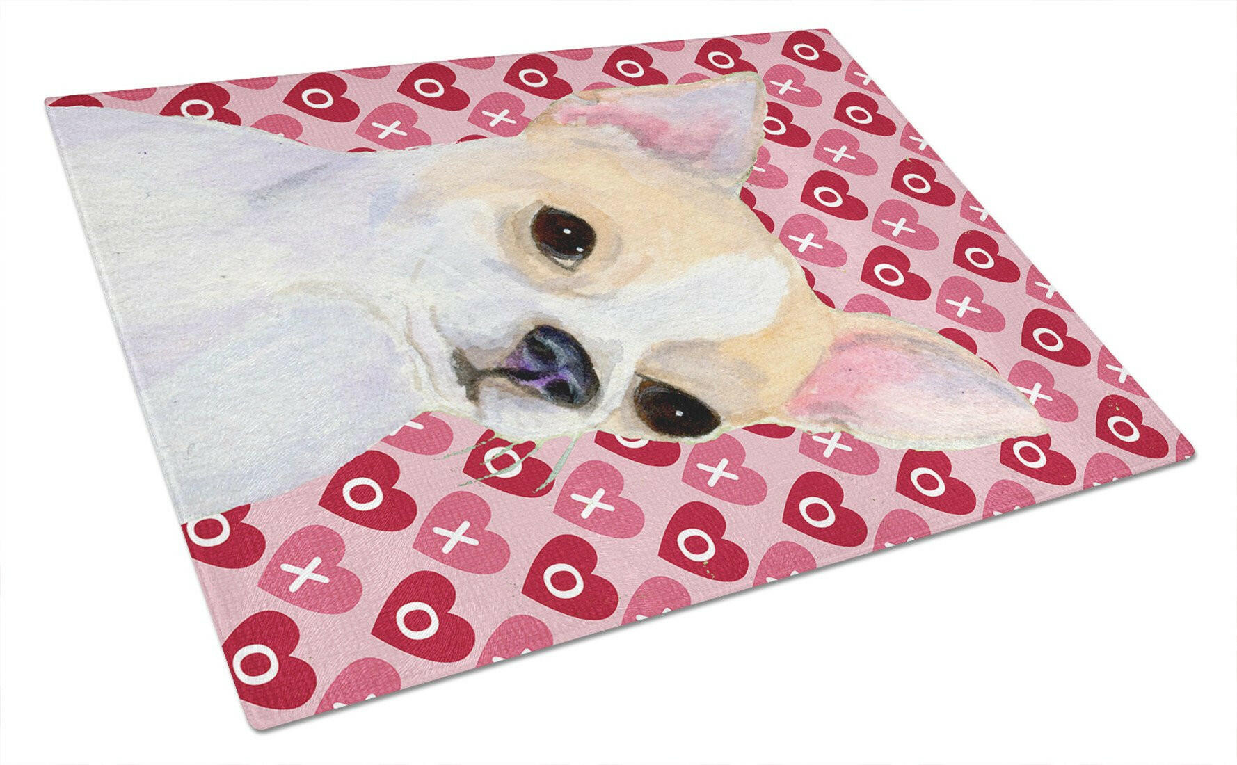 Chihuahua Hearts Love and Valentine's Day Portrait Cutting Board Tempered Glass Kitchen Cutting Surface, Heat Resistant Chopping, Non-Slip Feet, Food Prep & Serving