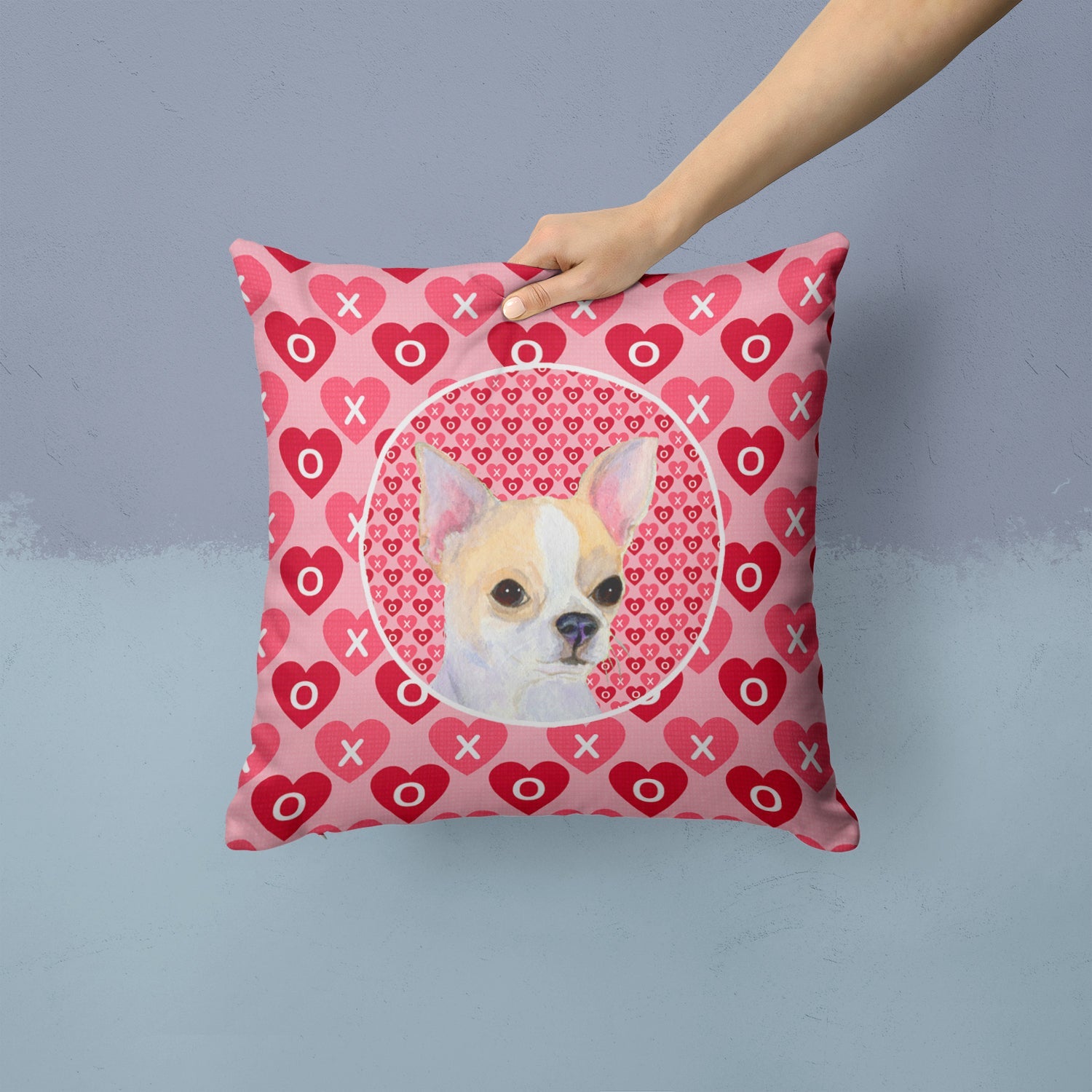 Chihuahua Hearts Love and Valentine's Day Portrait Decorative Throw Pillow 14x14 Indoor Outdoor Accent Cushion, Fabric Cover with Insert for Sofa, Bed, Porch & Living Room