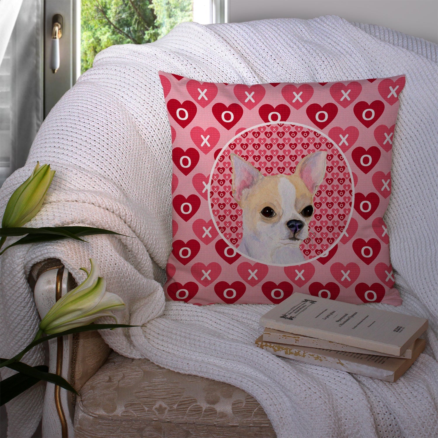 Chihuahua Hearts Love and Valentine's Day Portrait Decorative Throw Pillow 14x14 Indoor Outdoor Accent Cushion, Fabric Cover with Insert for Sofa, Bed, Porch & Living Room