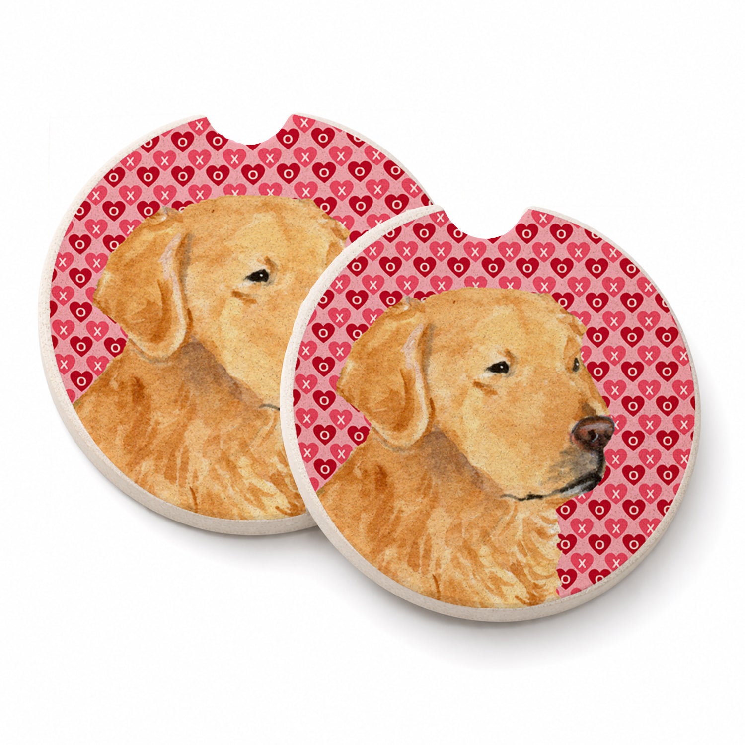 Golden Retriever Hearts Love Valentine's Day Set of 2 Cup Holder Car Coasters Absorbent Round Sandstone Coasters Gifts for Men or Women, 2.5, Multicolor