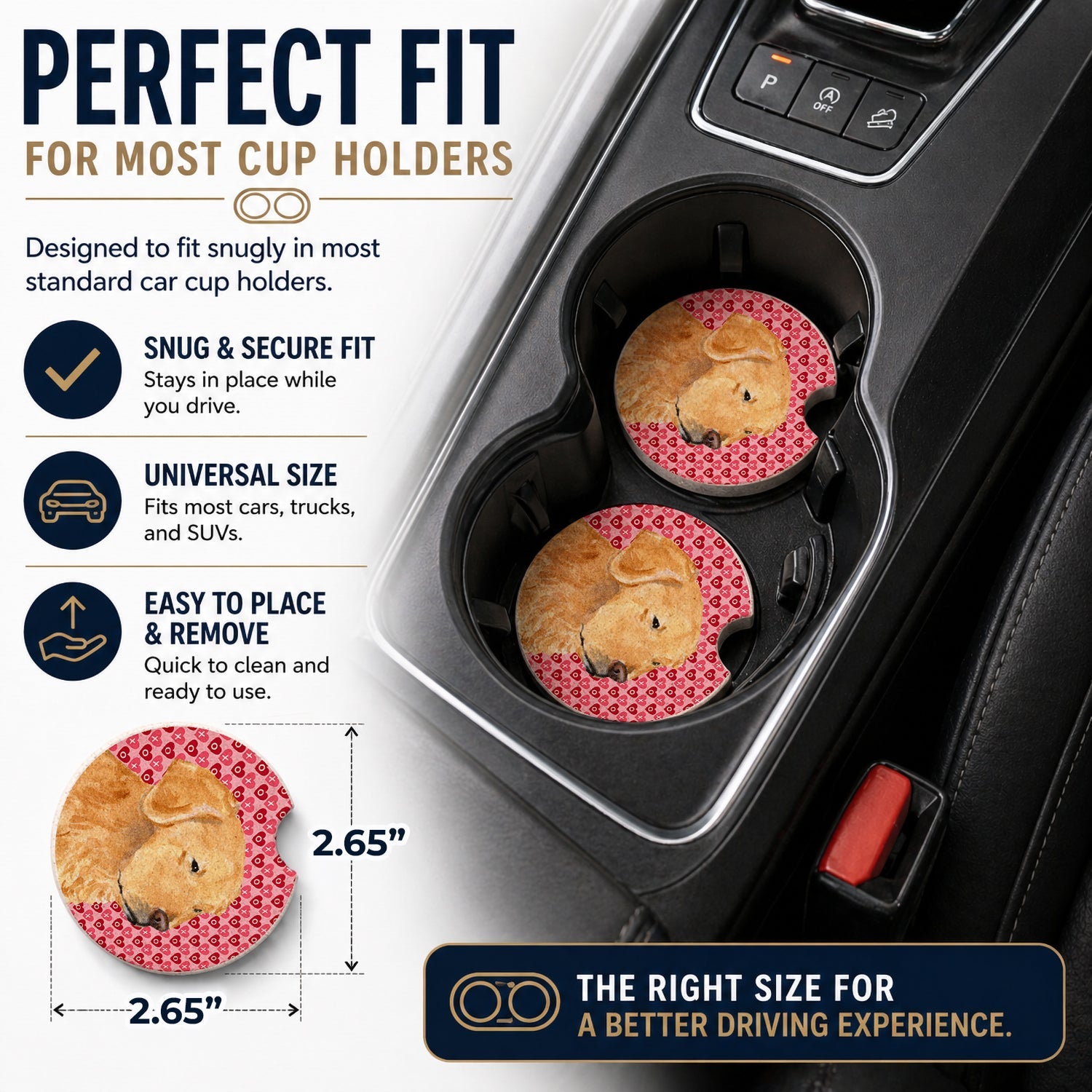 Golden Retriever Hearts Love Valentine's Day Set of 2 Cup Holder Car Coasters Absorbent Round Sandstone Coasters Gifts for Men or Women, 2.5, Multicolor