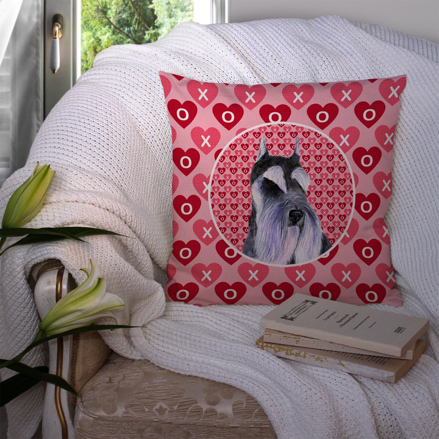 Schnauzer Hearts Love and Valentine's Day Portrait Decorative Throw Pillow 14x14 Indoor Outdoor Accent Cushion, Fabric Cover with Insert for Sofa, Bed, Porch & Living Room