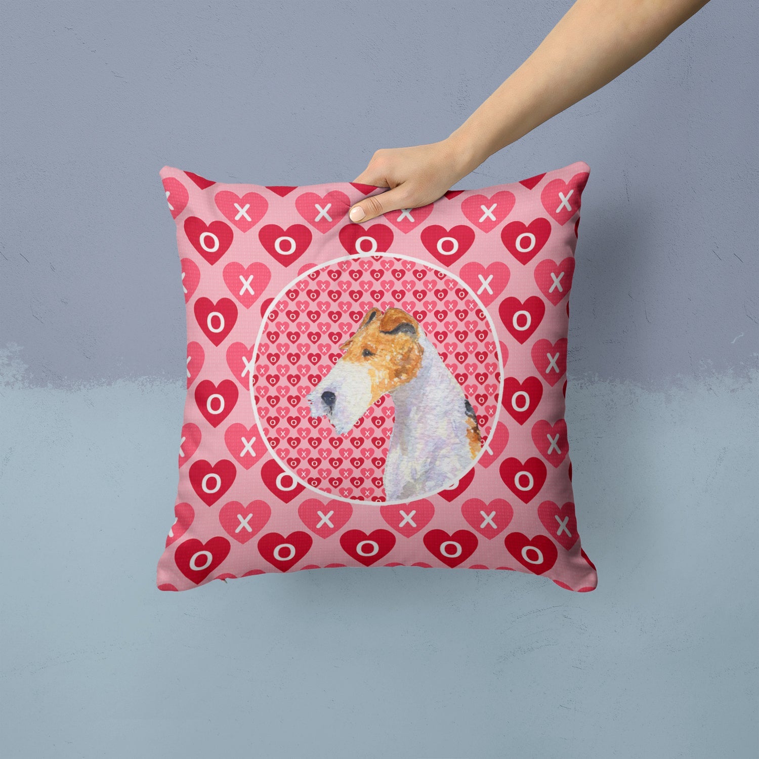 Fox Terrier Hearts Love and Valentine's Day Portrait Decorative Throw Pillow 14x14 Indoor Outdoor Accent Cushion, Fabric Cover with Insert for Sofa, Bed, Porch & Living Room