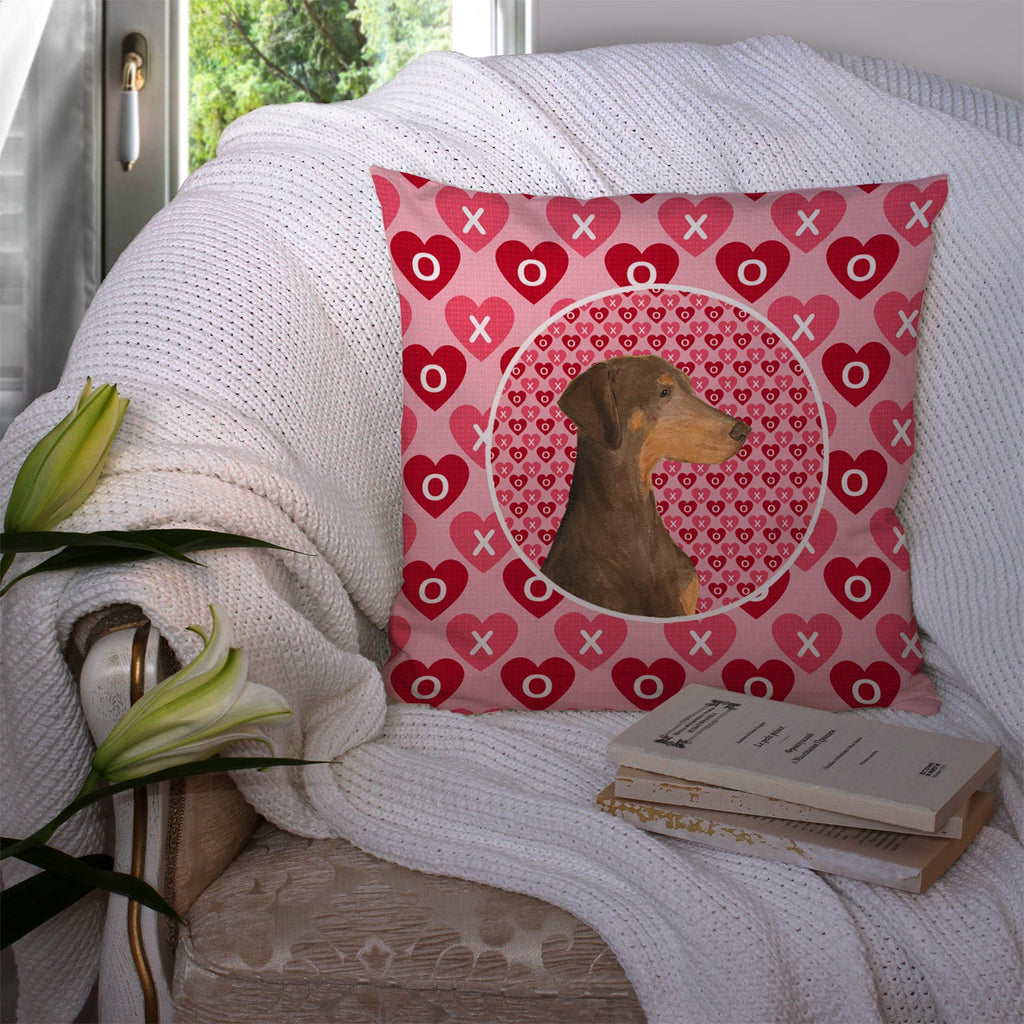 Doberman Hearts Love and Valentine's Day Portrait Decorative Throw Pillow 14x14 Indoor Outdoor Accent Cushion, Fabric Cover with Insert for Sofa, Bed, Porch & Living Room