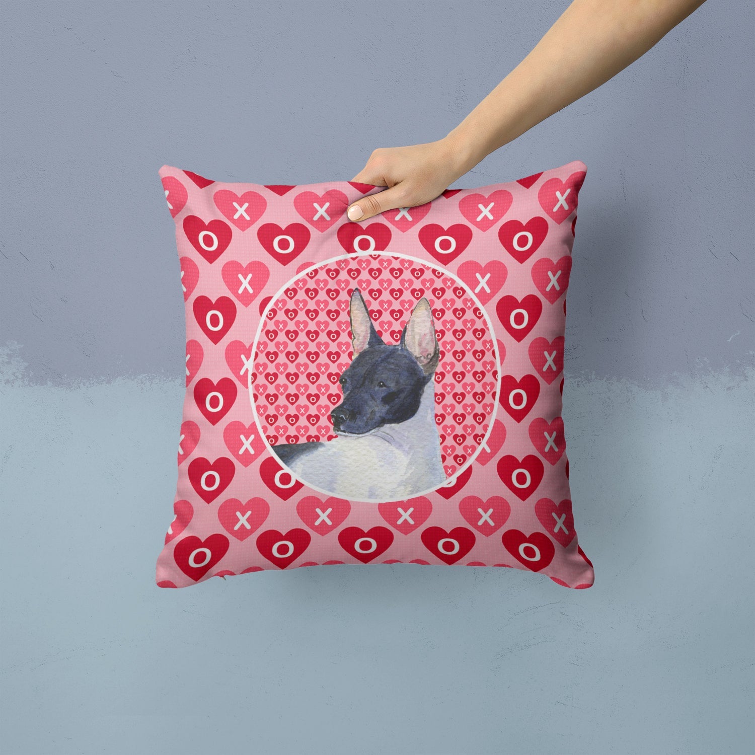 Rat Terrier Hearts Love and Valentine's Day Portrait Decorative Throw Pillow 14x14 Indoor Outdoor Accent Cushion, Fabric Cover with Insert for Sofa, Bed, Porch & Living Room