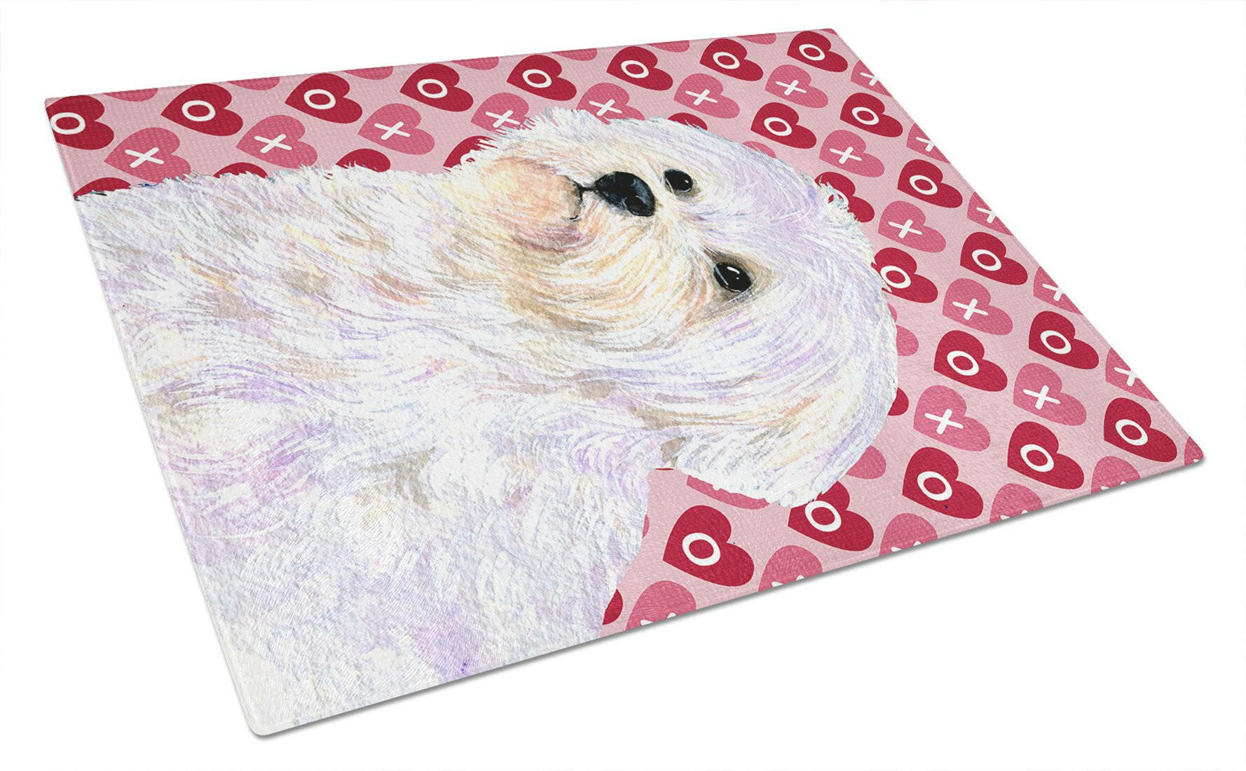 Maltese Hearts Love and Valentine's Day Portrait Cutting Board Tempered Glass Kitchen Cutting Surface, Heat Resistant Chopping, Non-Slip Feet, Food Prep & Serving