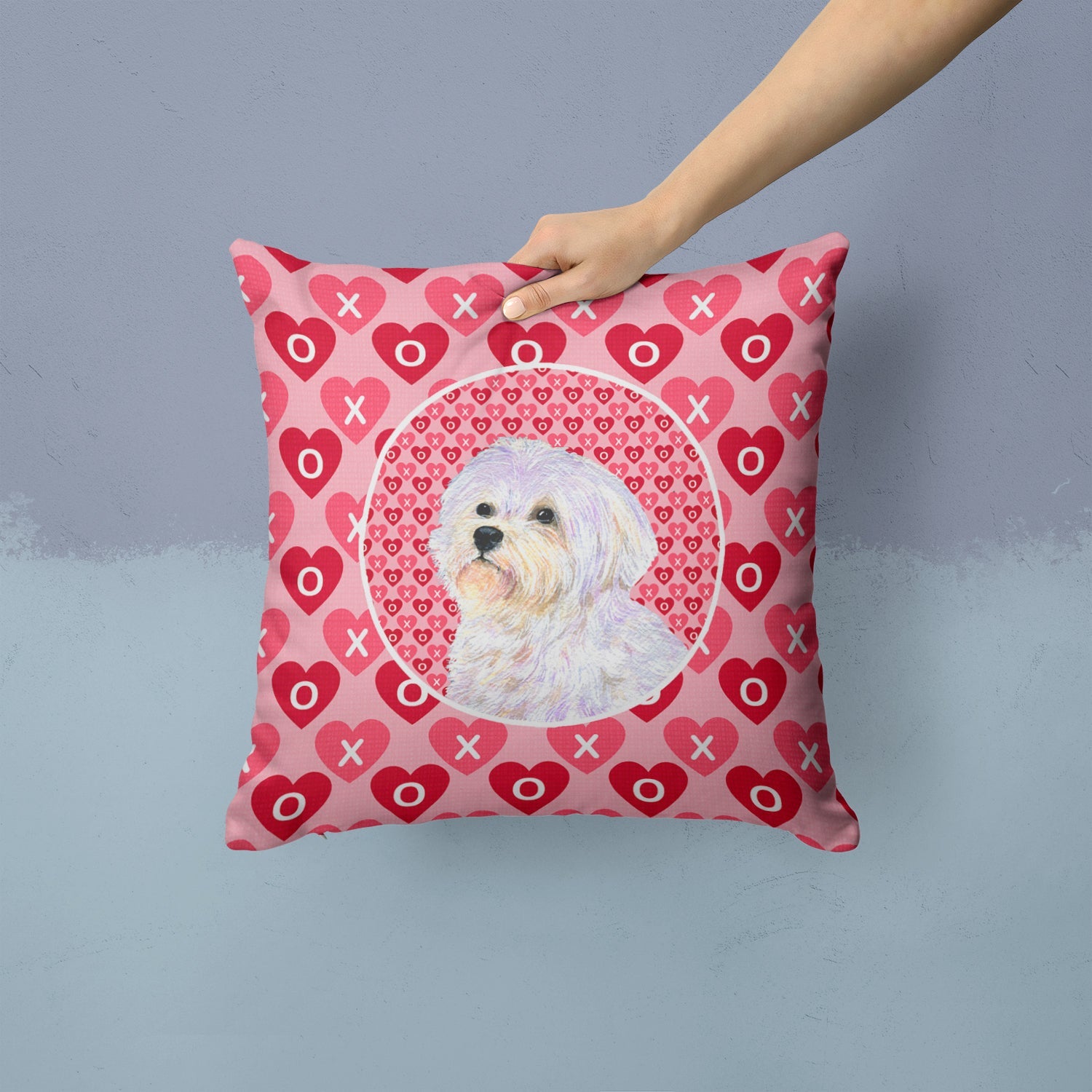 Maltese Hearts Love and Valentine's Day Portrait Decorative Throw Pillow 14x14 Indoor Outdoor Accent Cushion, Fabric Cover with Insert for Sofa, Bed, Porch & Living Room