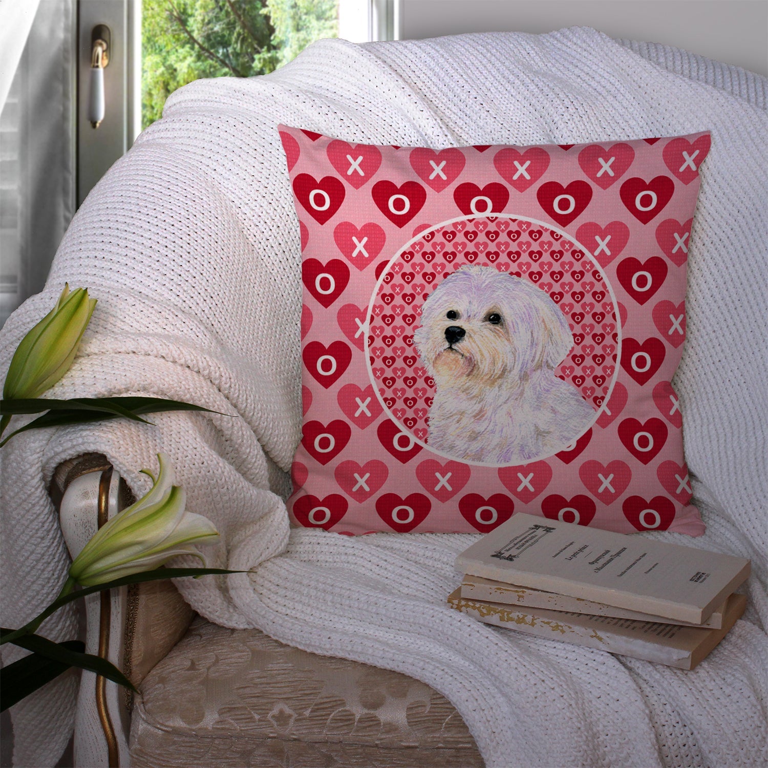 Maltese Hearts Love and Valentine's Day Portrait Decorative Throw Pillow 14x14 Indoor Outdoor Accent Cushion, Fabric Cover with Insert for Sofa, Bed, Porch & Living Room