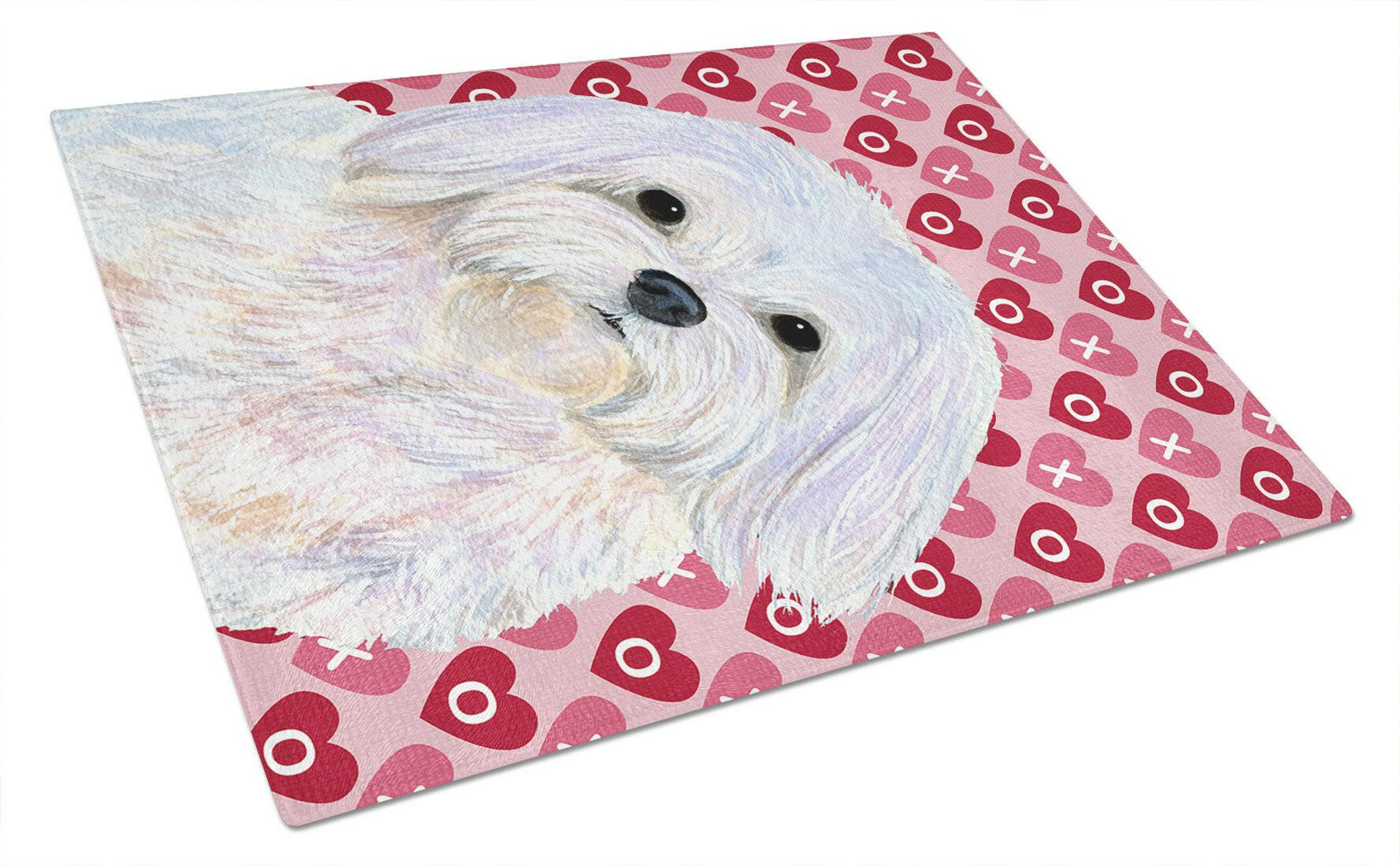 Maltese Hearts Love and Valentine's Day Portrait Cutting Board Tempered Glass Kitchen Cutting Surface, Heat Resistant Chopping, Non-Slip Feet, Food Prep & Serving