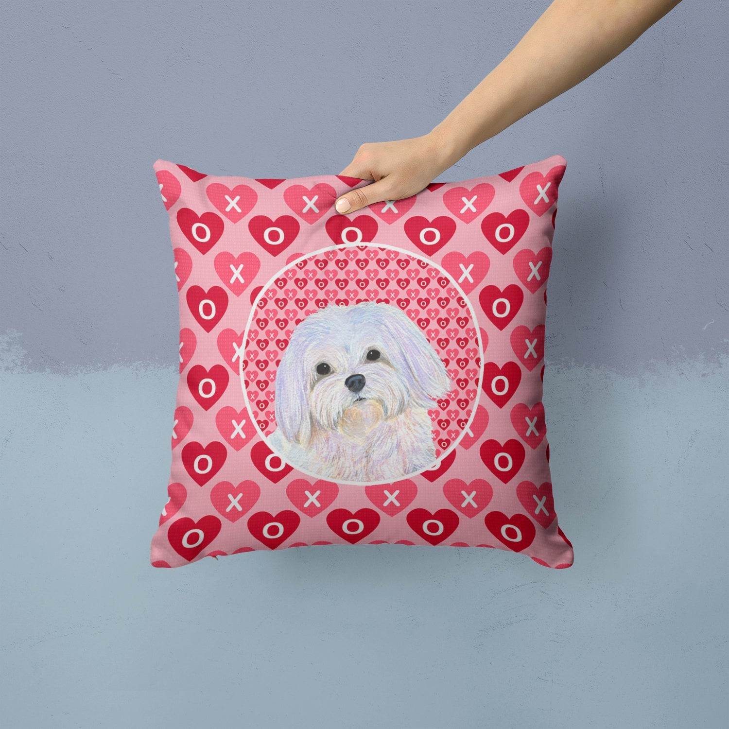 Maltese Hearts Love and Valentine's Day Portrait Decorative Throw Pillow 14x14 Indoor Outdoor Accent Cushion, Fabric Cover with Insert for Sofa, Bed, Porch & Living Room