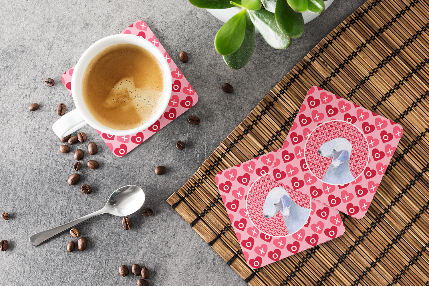 Bedlington Terrier Hearts Love and Valentine's Day Portrait Foam Coasters Set of 4 Cup Coasters for Indoor Outdoor, Tabletop Protection, Anti Slip, Mouse pad Material