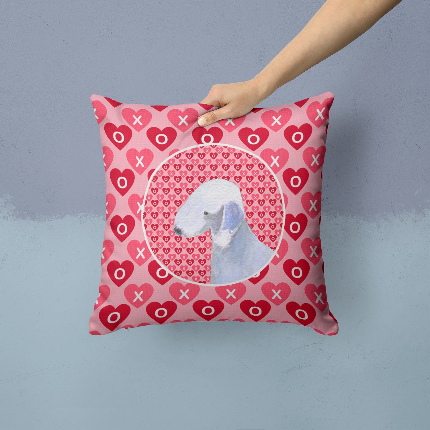 Bedlington Terrier Hearts Love and Valentine's Day Portrait Decorative Throw Pillow 14x14 Indoor Outdoor Accent Cushion, Fabric Cover with Insert for Sofa, Bed, Porch & Living Room