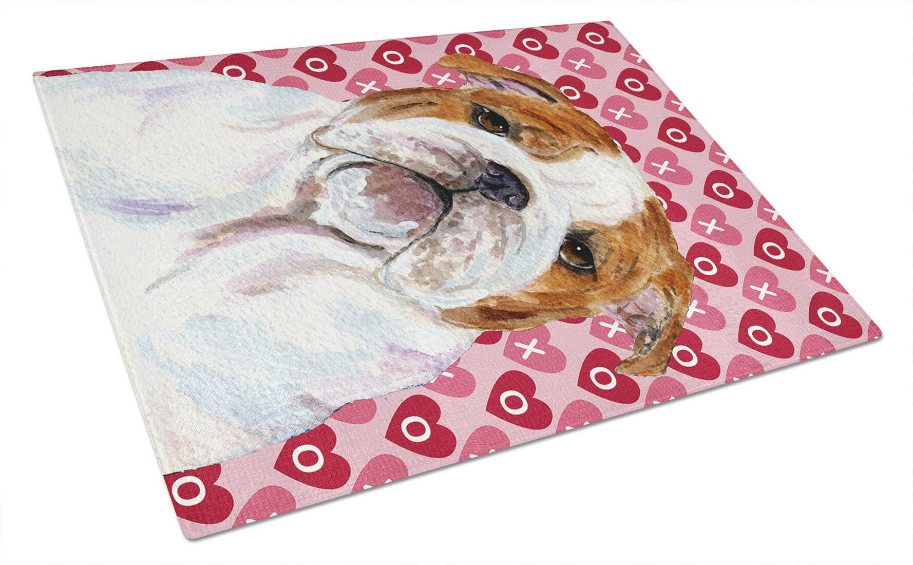 Bulldog English Hearts Love Valentine's Day Cutting Board Tempered Glass Kitchen Cutting Surface, Heat Resistant Chopping, Non-Slip Feet, Food Prep & Serving