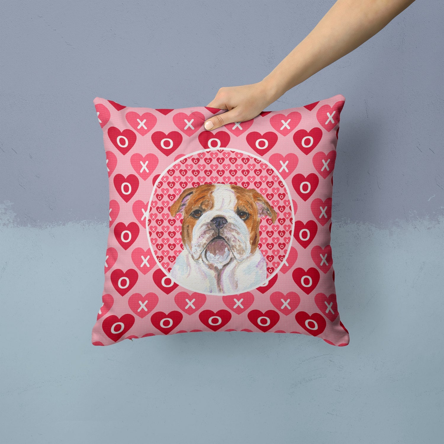 Bulldog English Hearts Love Valentine's Day Decorative Throw Pillow 14x14 Indoor Outdoor Accent Cushion, Fabric Cover with Insert for Sofa, Bed, Porch & Living Room