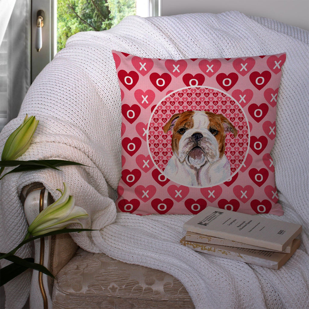 Bulldog English Hearts Love Valentine's Day Decorative Throw Pillow 14x14 Indoor Outdoor Accent Cushion, Fabric Cover with Insert for Sofa, Bed, Porch & Living Room