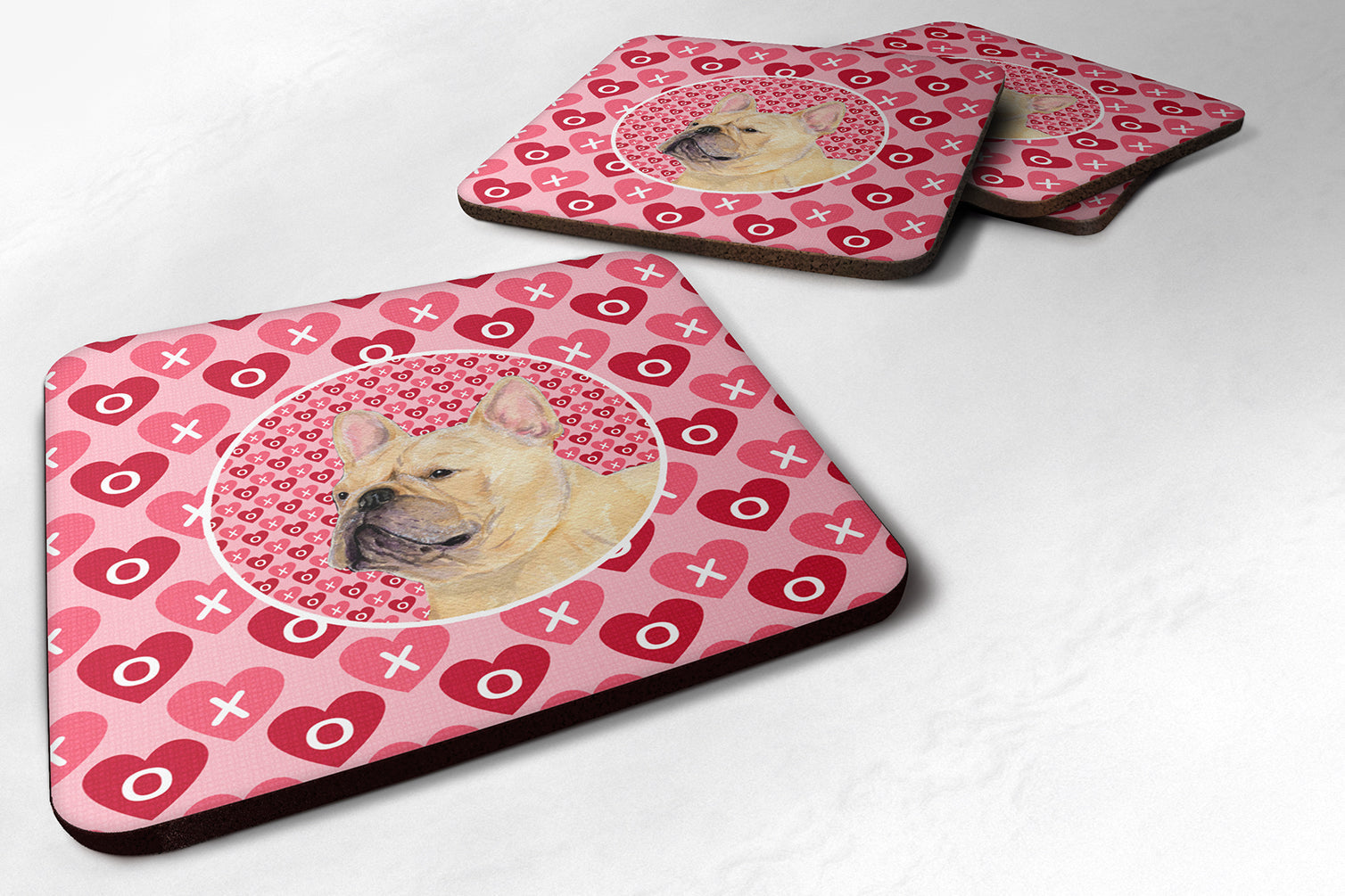 French Bulldog Hearts Love and Valentine's Day Portrait Foam Coasters Set of 4 Cup Coasters for Indoor Outdoor, Tabletop Protection, Anti Slip, Mouse pad Material