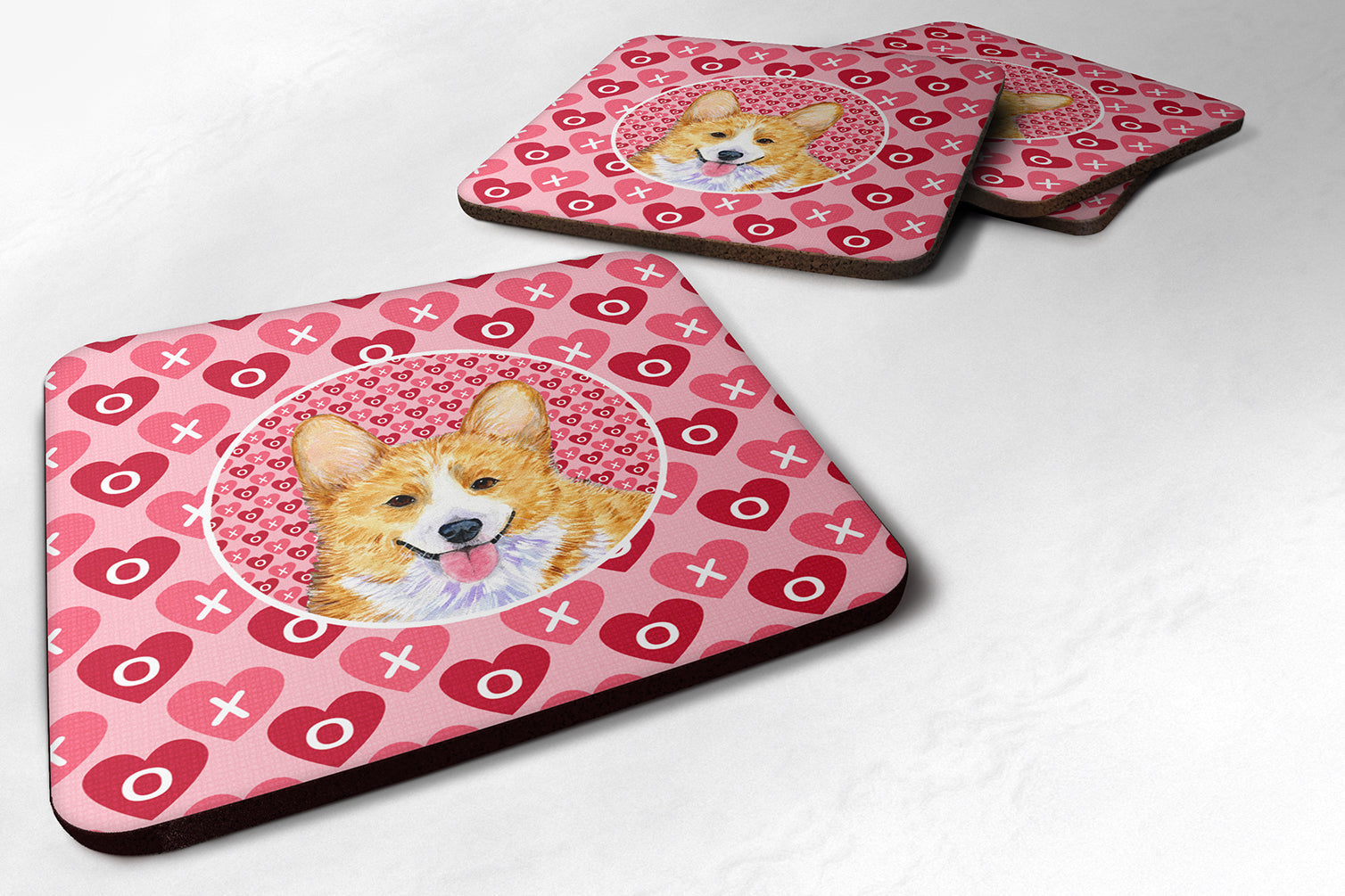 Corgi Hearts Love and Valentine's Day Portrait Foam Coasters Set of 4 Cup Coasters for Indoor Outdoor, Tabletop Protection, Anti Slip, Mouse pad Material