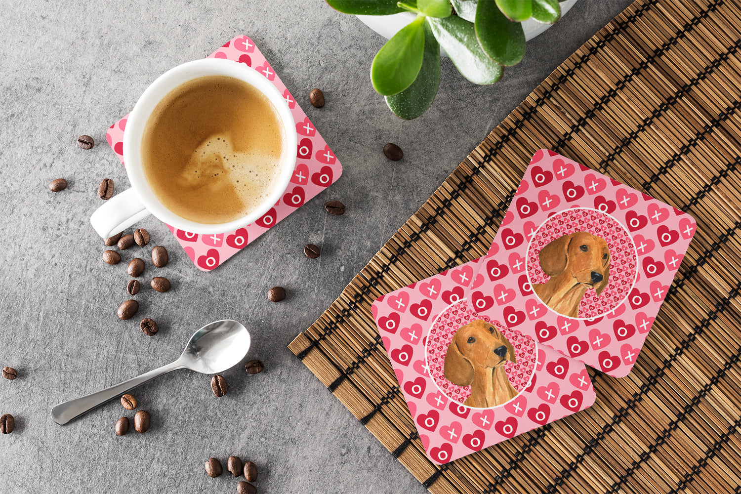 Dachshund Hearts Love and Valentine's Day Portrait Foam Coasters Set of 4 Cup Coasters for Indoor Outdoor, Tabletop Protection, Anti Slip, Mouse pad Material