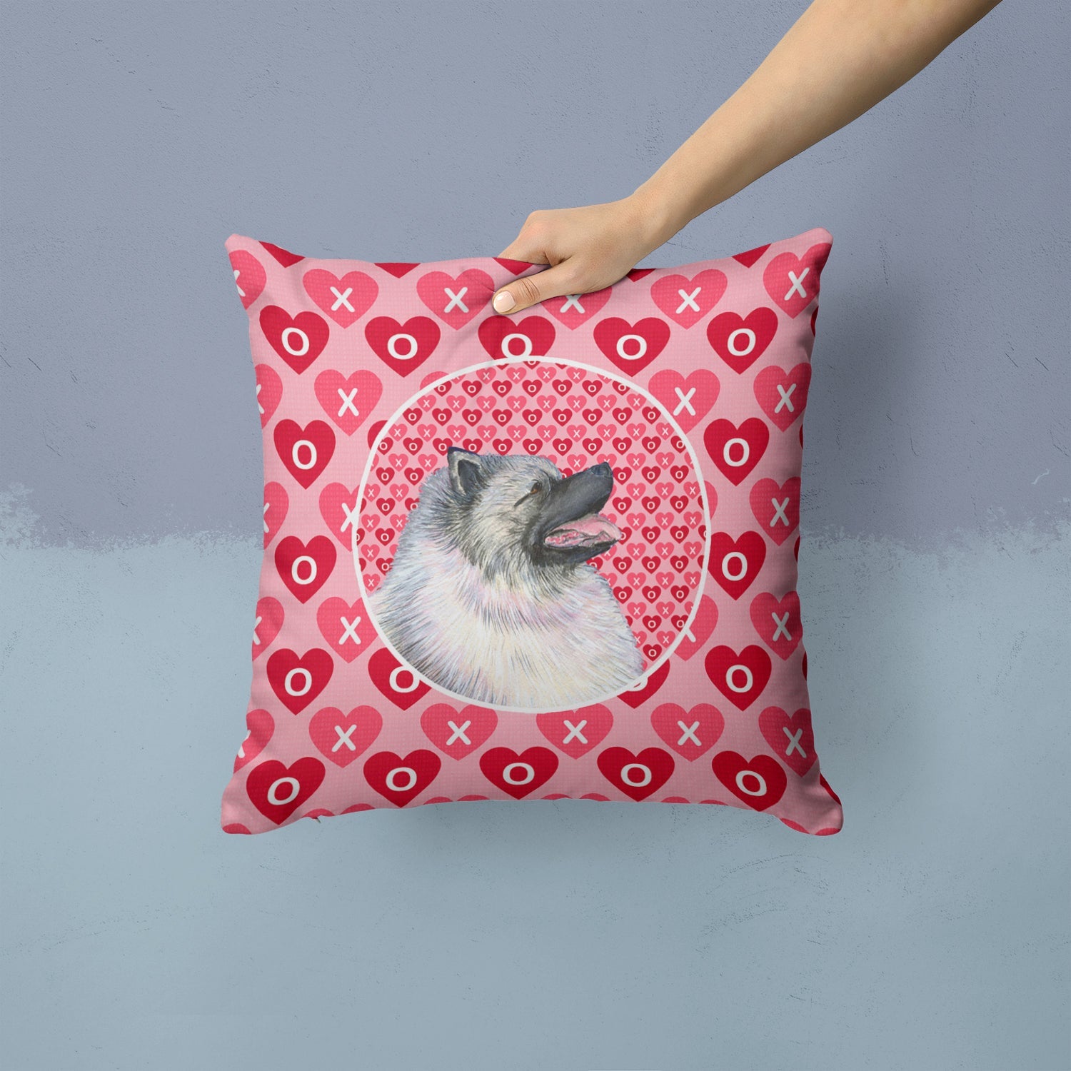 Keeshond Hearts Love and Valentine's Day Portrait Decorative Throw Pillow 14x14 Indoor Outdoor Accent Cushion, Fabric Cover with Insert for Sofa, Bed, Porch & Living Room